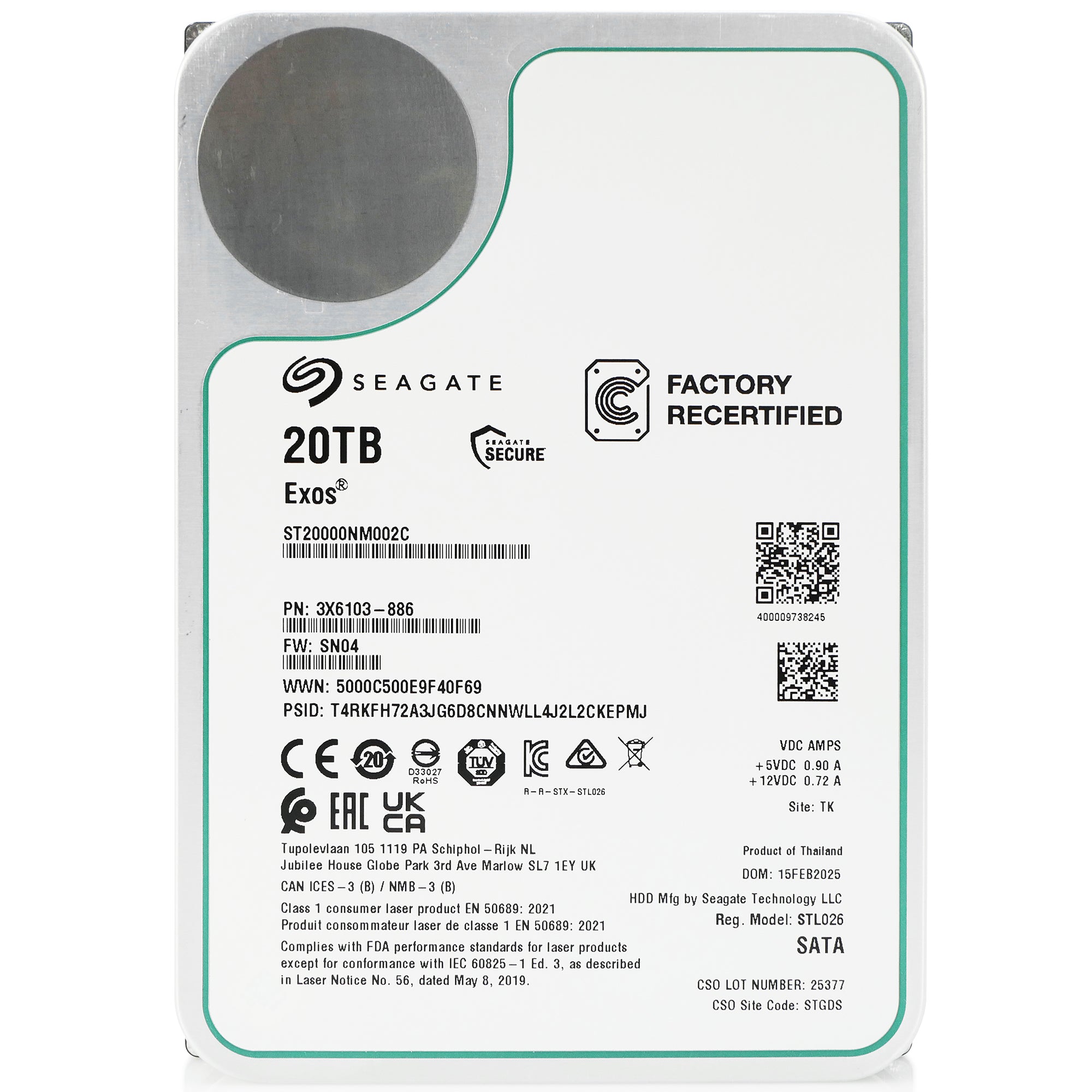 Seagate Exos ST20000NM002C 20TB 7.2K RPM SATA 6Gb/s 512e 3.5in Recertified Hard Drive