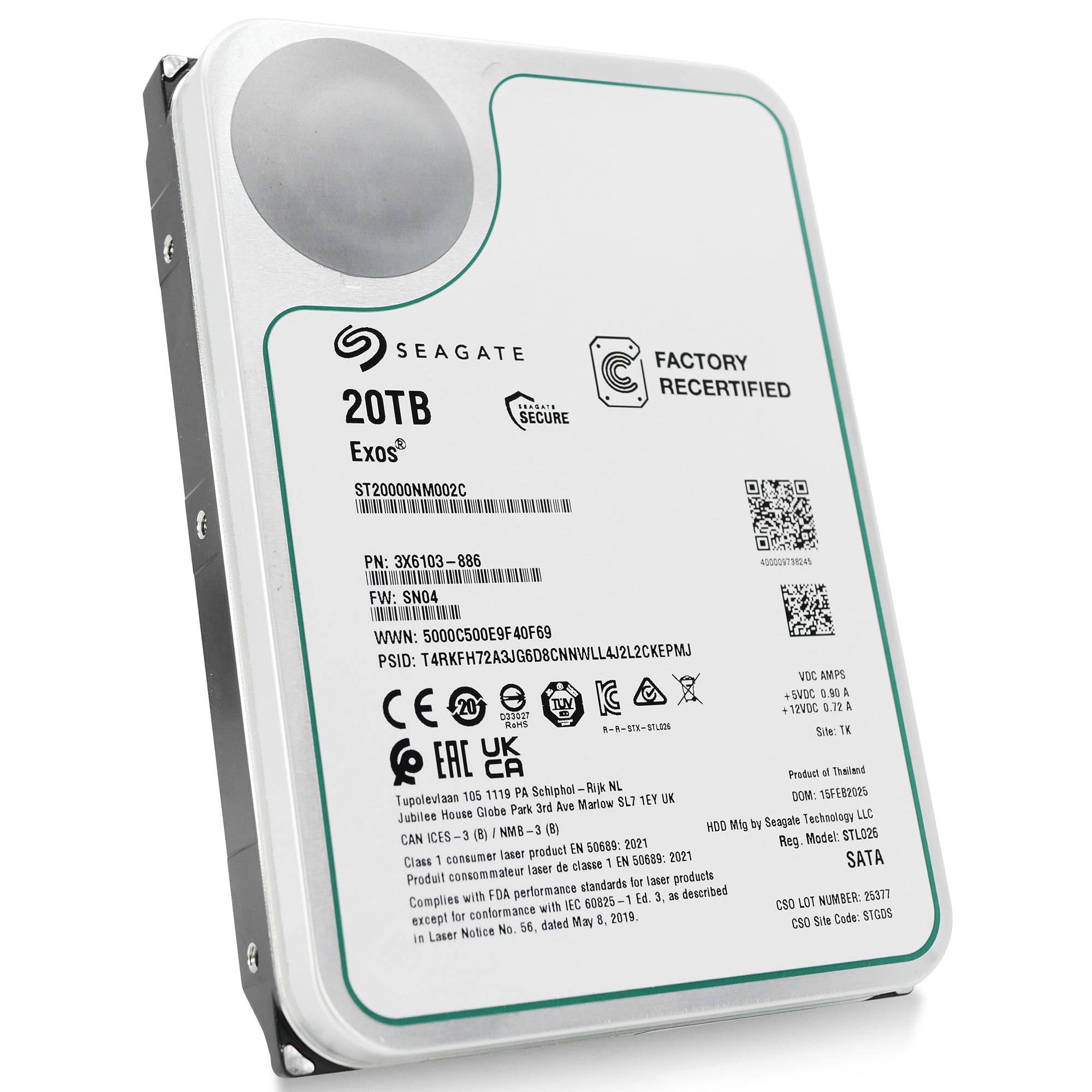 Seagate Exos ST20000NM002C 20TB 7.2K RPM SATA 6Gb/s 512e 3.5in Recertified Hard Drive