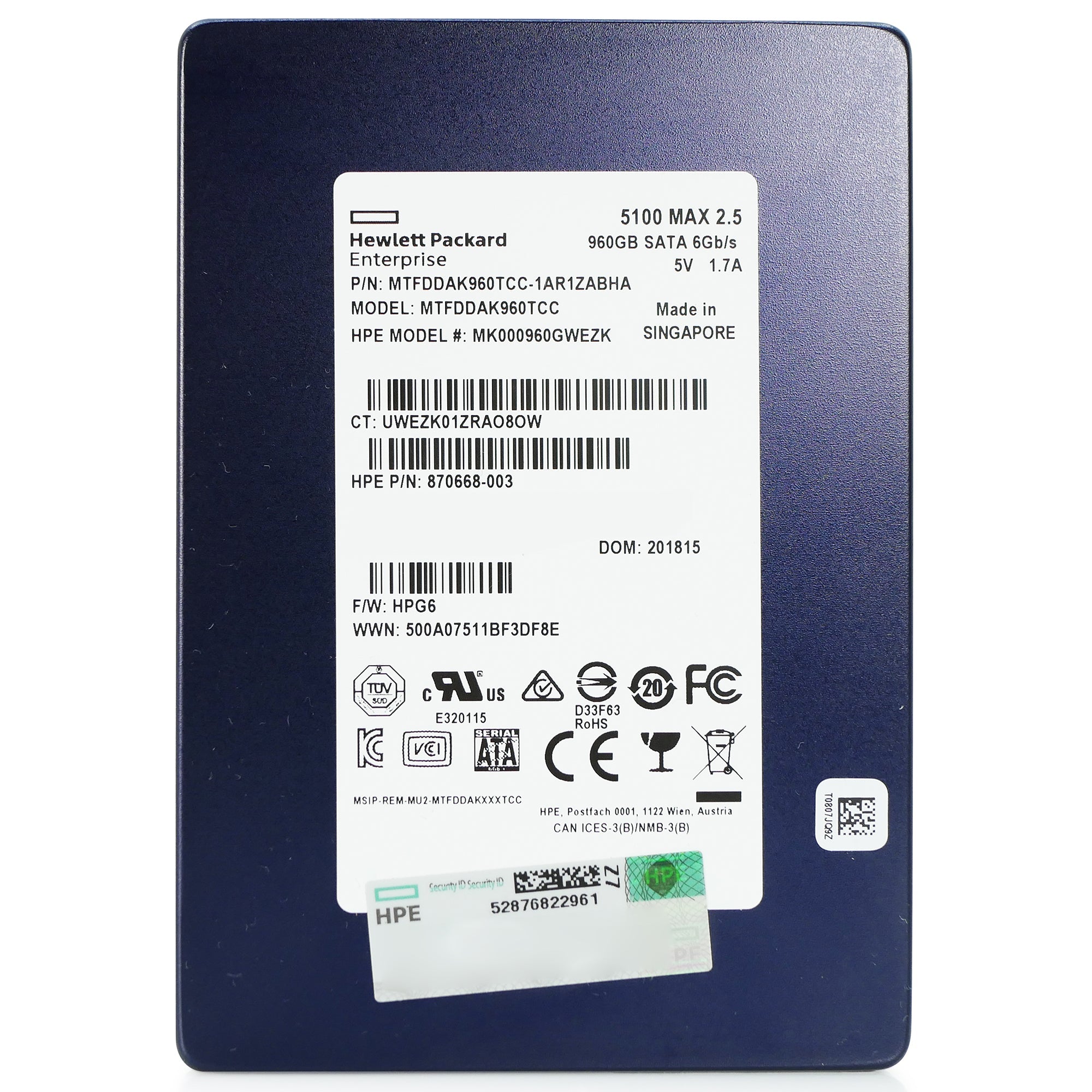HP/Micron 5100 MAX MTFDDAK960TCC 960GB SATA 6Gb/s 3D TLC 2.5in Refurbished SSD