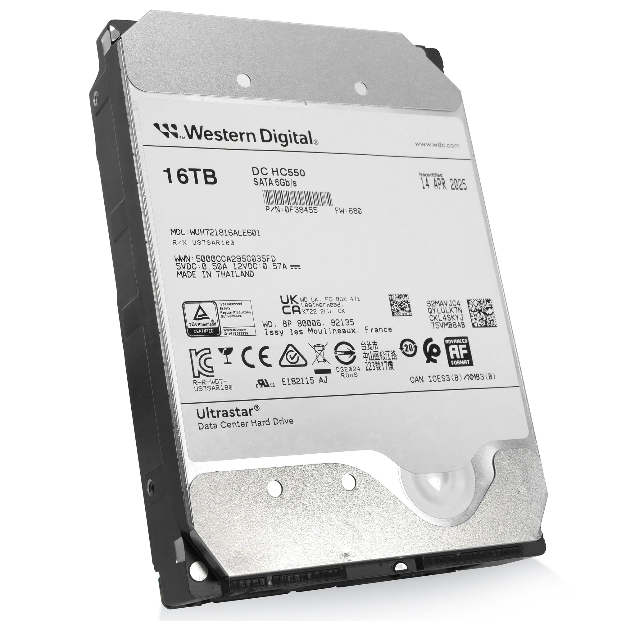 Western Digital Ultrastar DC HC550 WUH721816ALE601 0F38455 16TB 7.2K RPM SATA 6Gb/s 512e 3.5in Refurbished HDD