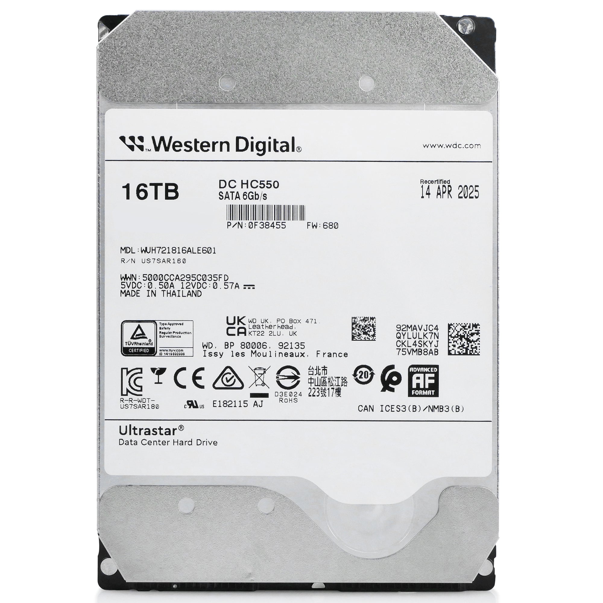 Western Digital Ultrastar DC HC550 WUH721816ALE601 0F38455 16TB 7.2K RPM SATA 6Gb/s 512e 3.5in Recertified Hard Drive