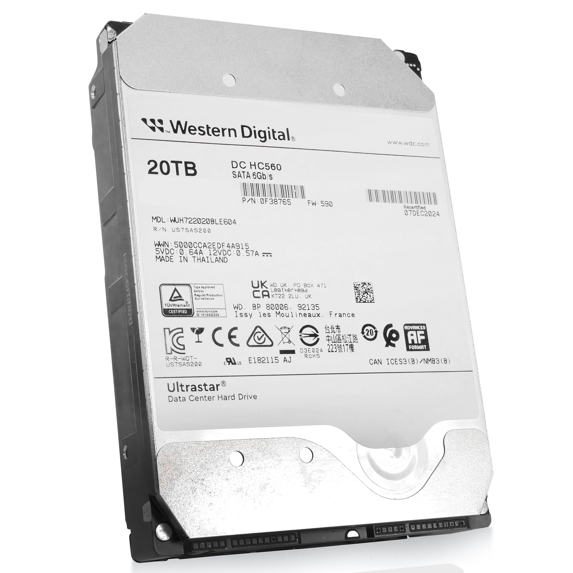 Western Digtial Ultrastar DC HC560 WUH722020BLE604 0F38765 20TB 7.2K RPM SATA 6Gb/s 512e 3.5in Recertified Hard Drive