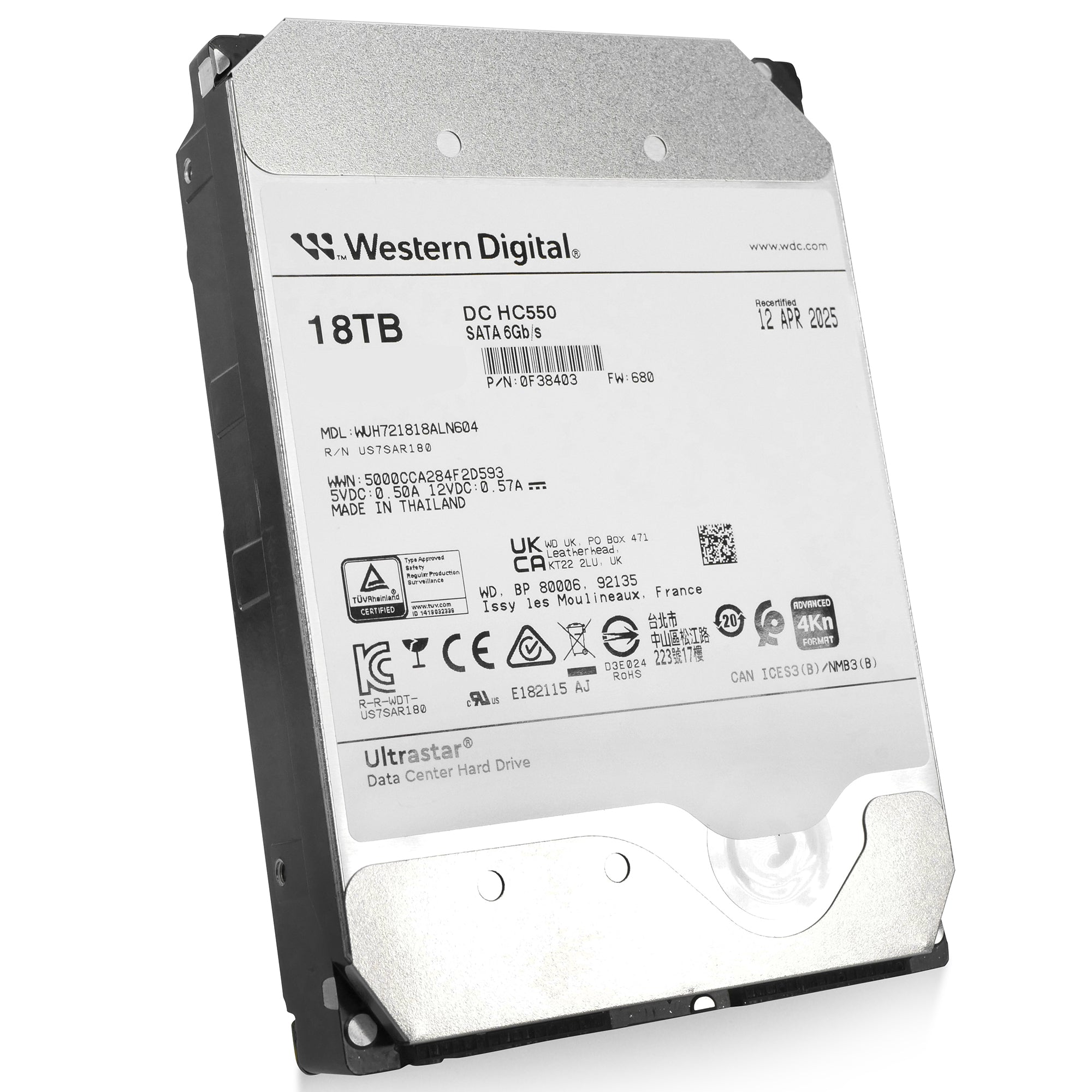 Western Digital Ultrastar DC HC550 WUH721818ALN604 0F38403 18TB 7.2K RPM SATA 6Gb/s 4Kn 3.5in Recertified Hard Drive