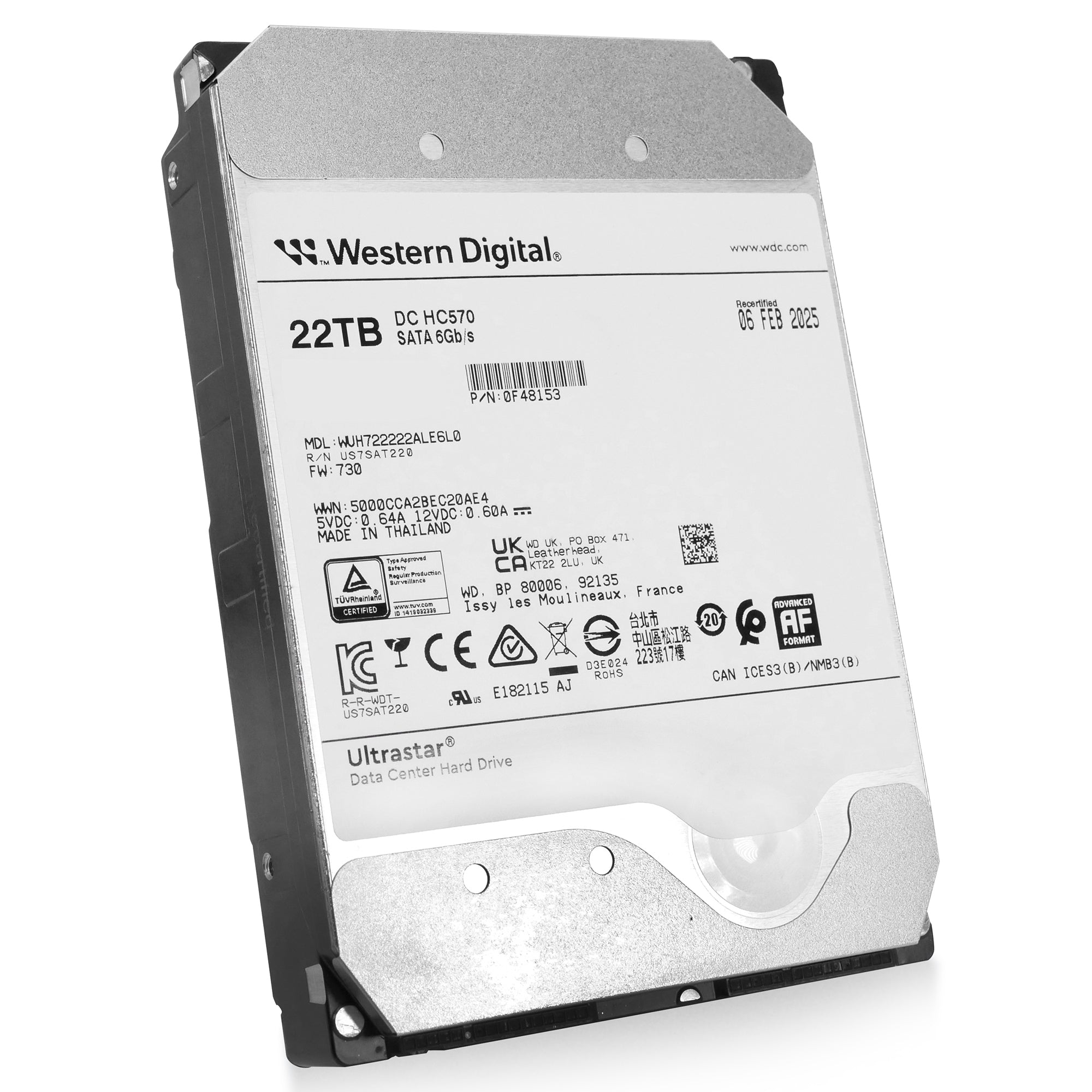 Western Digital Ultrastar DC HC HC570 WUH722222ALE6L0 0F48153 22TB 7.2K RPM SATA 6Gb/s 512e 3.5in Refurbished HDD