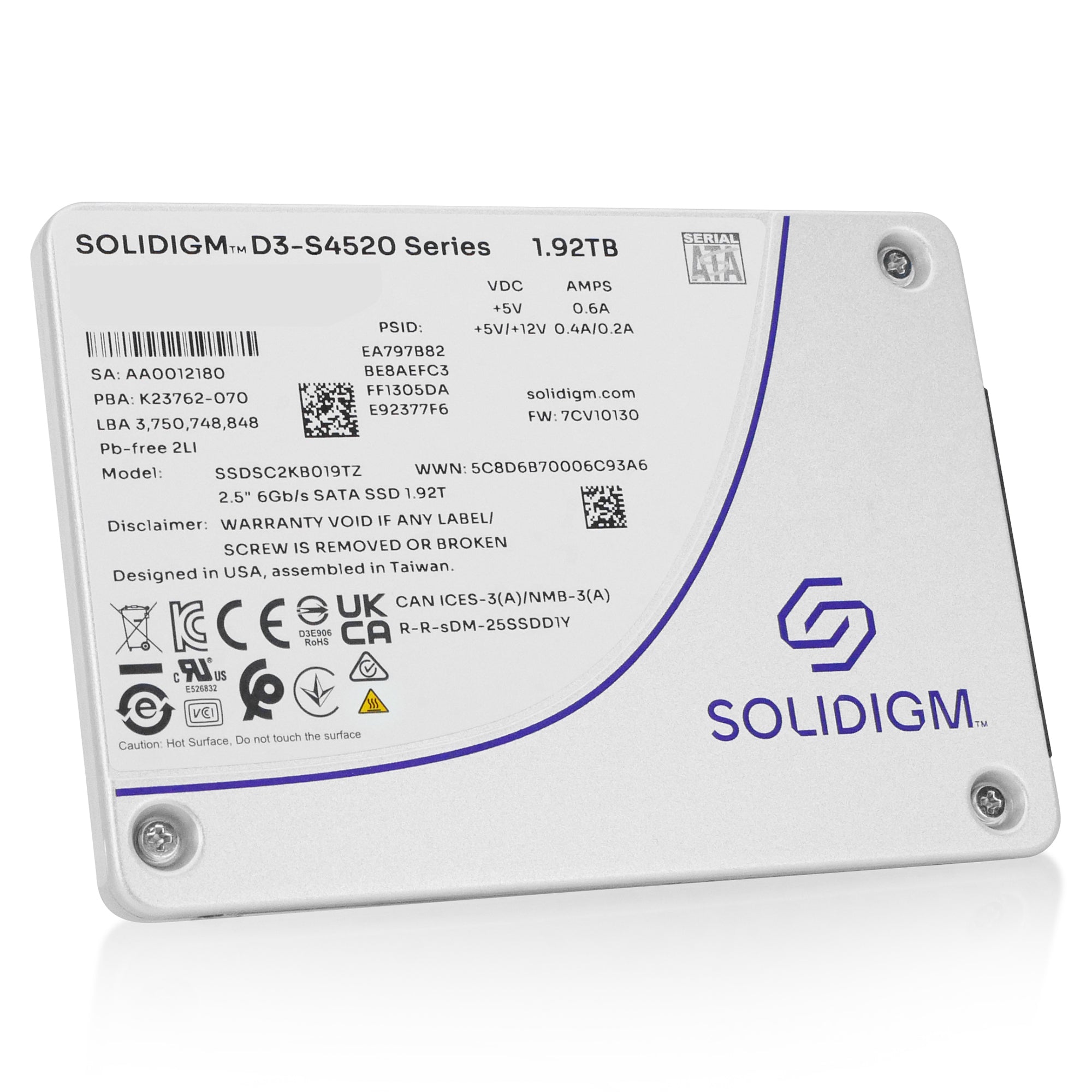 Solidigm/Intel D3-S4520 SSDSC2KB019TZ1Z 1.92TB 1 DWPD SATA 6Gb/s 3D TLC 2.5in Refurbished SSD