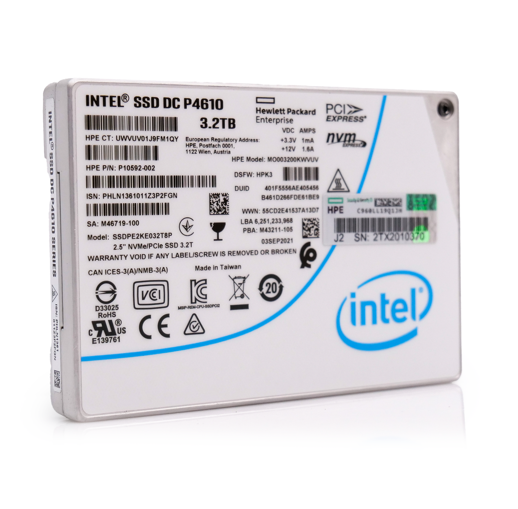 Intel SSDPE2KE032T8P 3.2TB 3 DWPD PCIe Gen 3.1x4 NVMe 4GB/s Mixed Use 3D TLC 2.5in Enterprise Solid State Drive