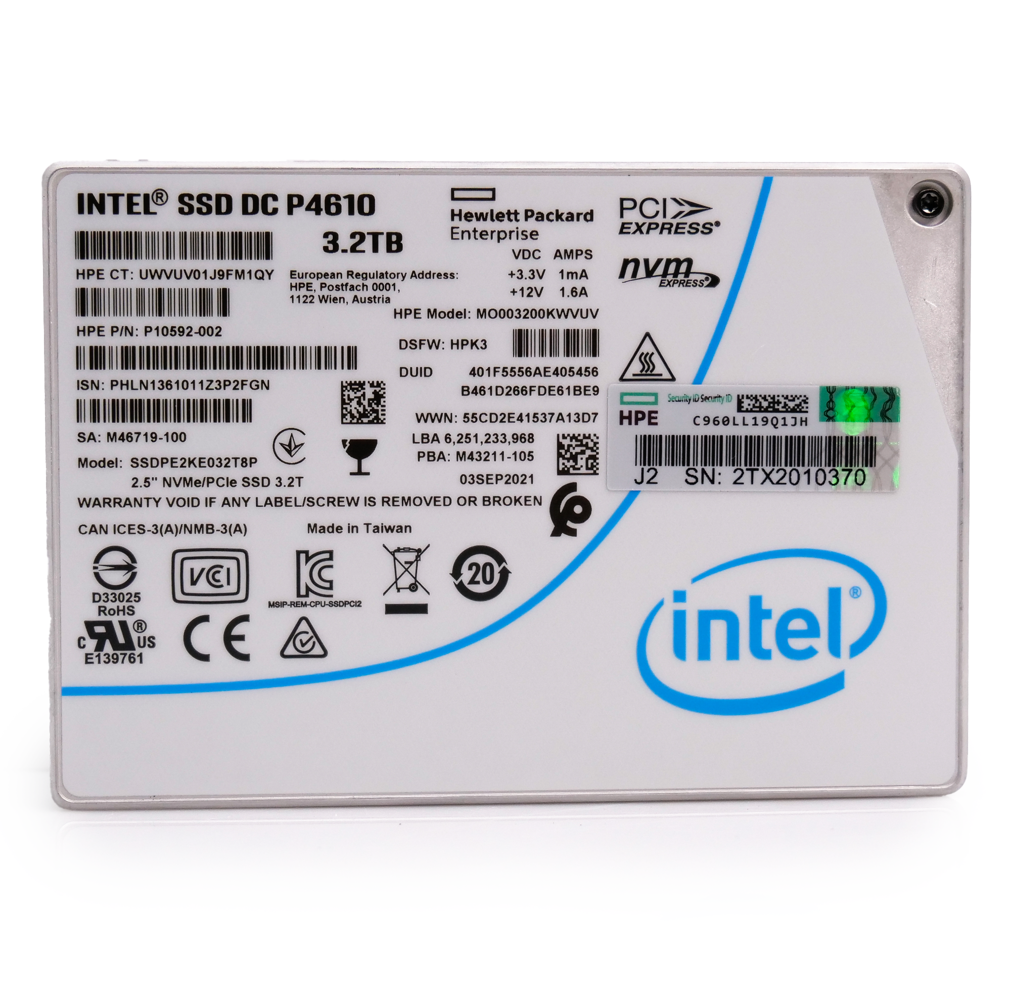 Intel SSDPE2KE032T8P 3.2TB 3 DWPD PCIe Gen 3.1x4 NVMe 4GB/s Mixed Use 3D TLC 2.5in Enterprise Solid State Drive