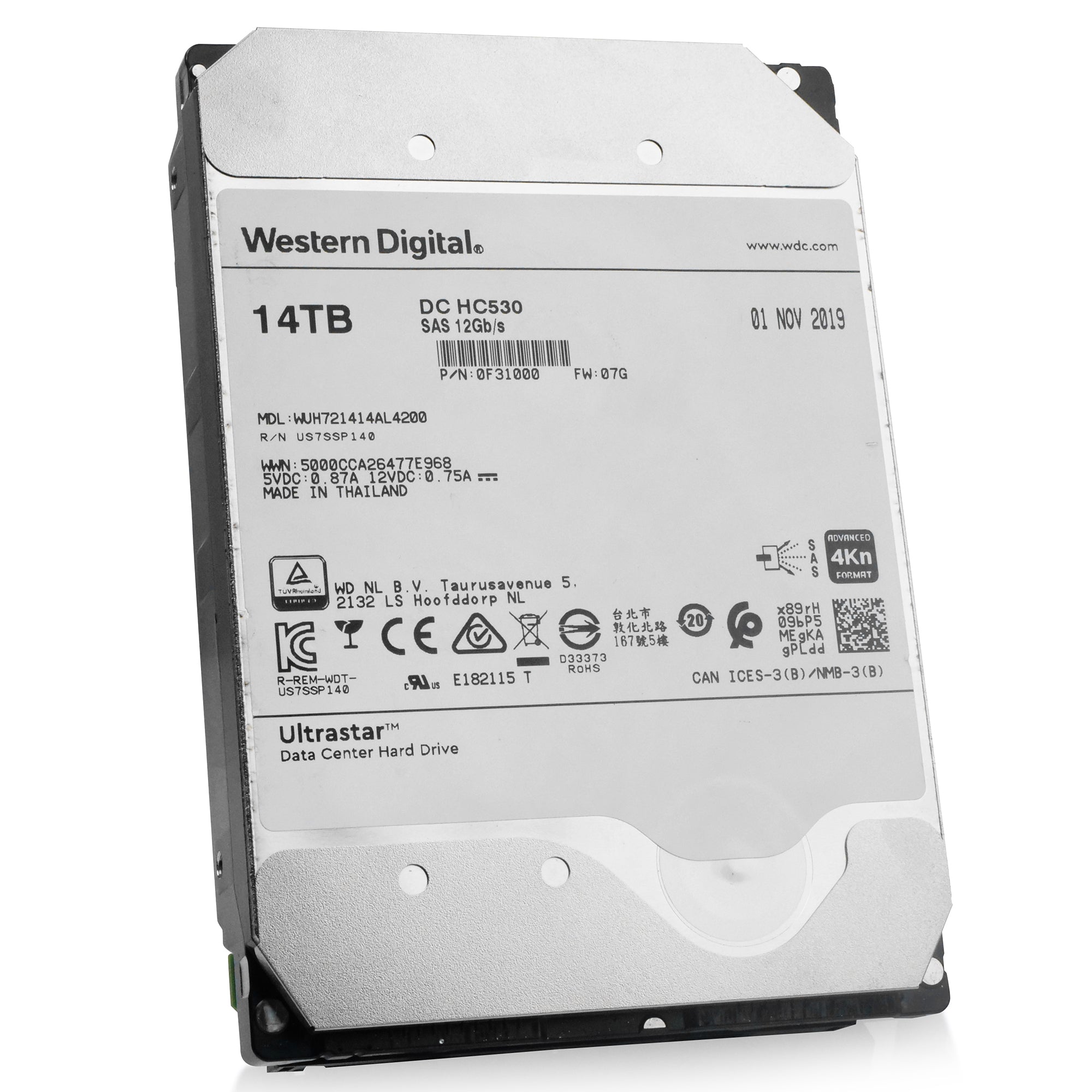 Western Digital Ultrastar DC HC530 WUH721414AL4200 0F31000 14TB 7.2K RPM SAS 12Gb/s 4Kn 3.5in Refurbished HDD