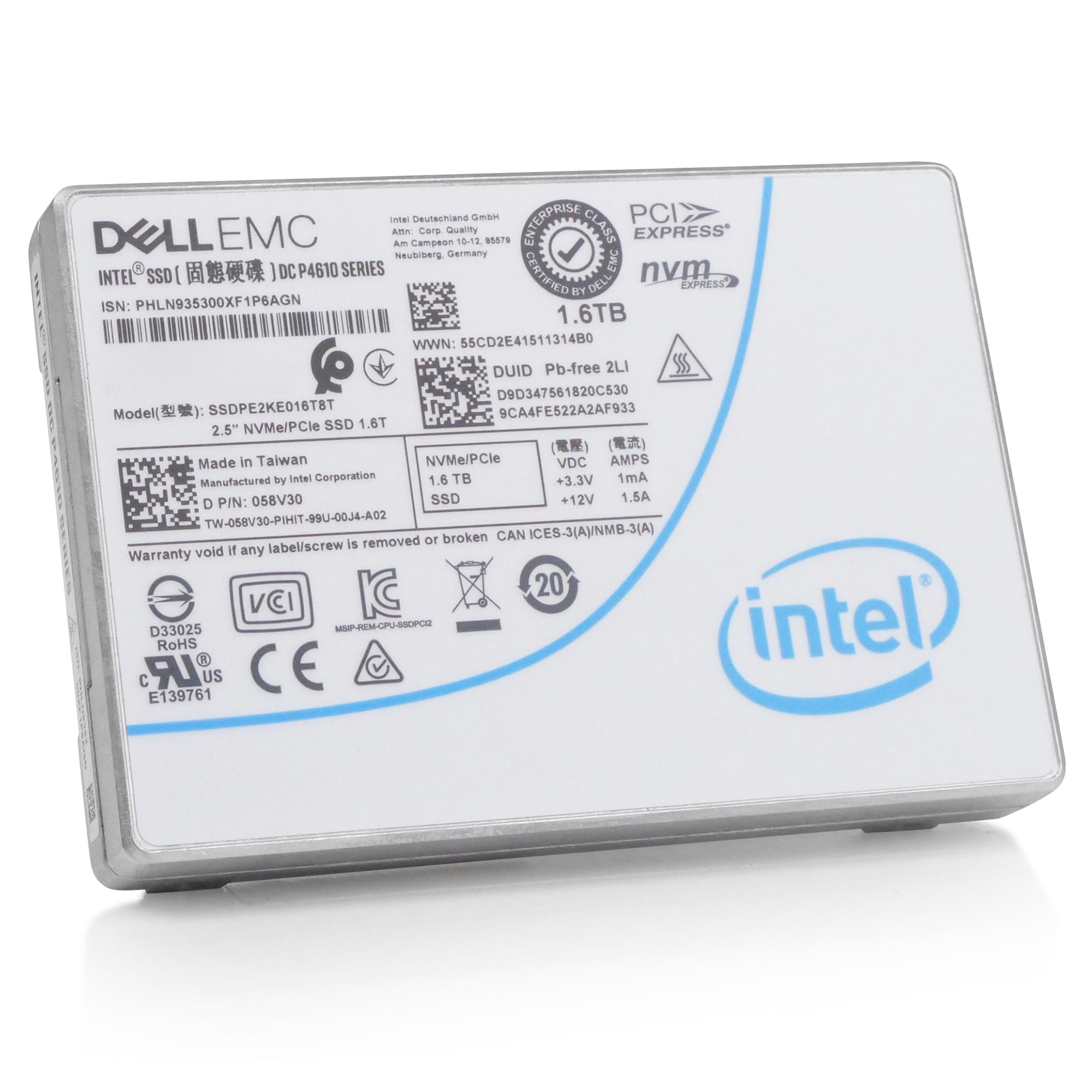 Dell/Intel DC P4610 SSDPE2KE016T8T 1.6TB 3 DWPD PCIe Gen 3.1 x4 4GB/s 3D TLC U.2 NVMe 2.5in Refurbished SSD