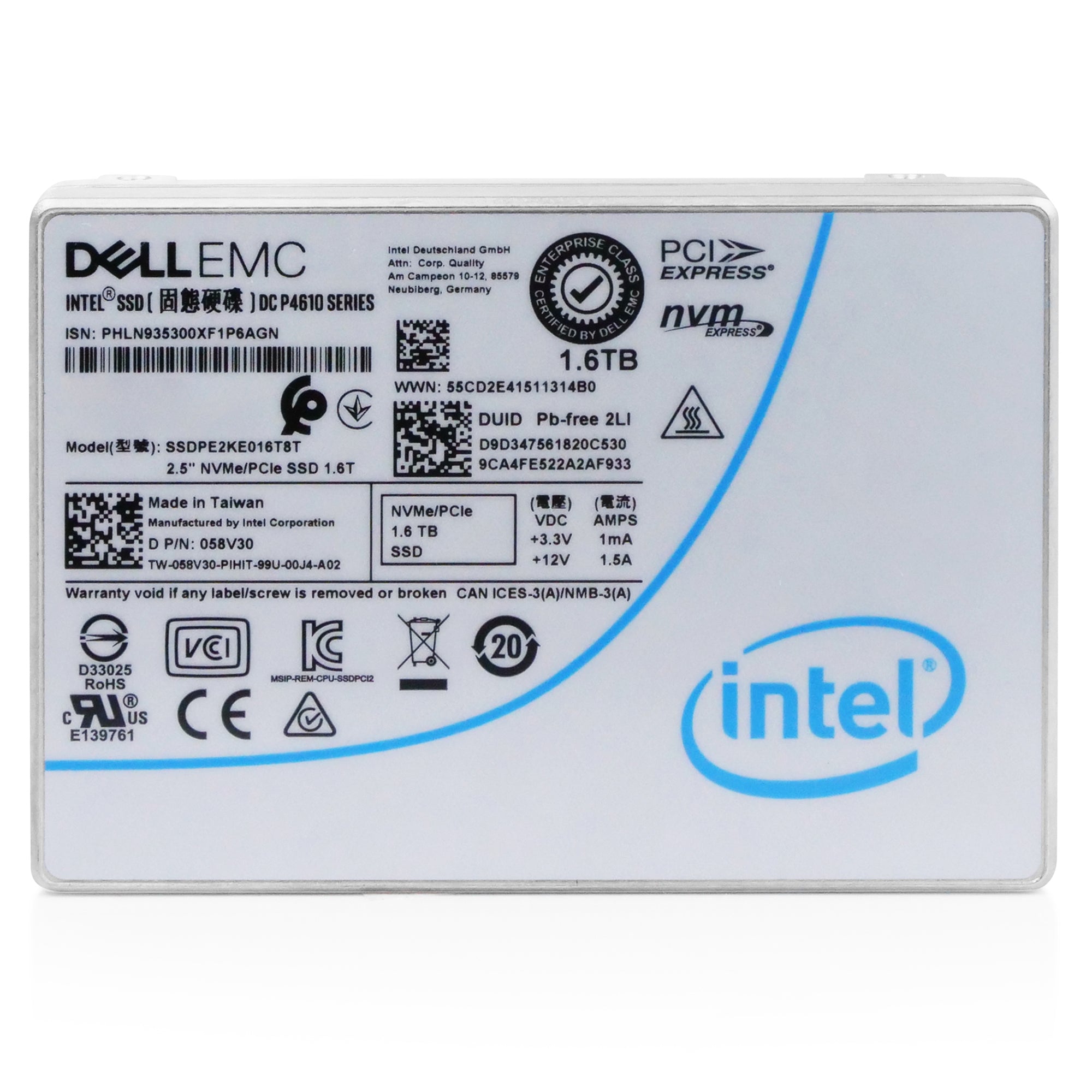 Dell/Intel DC P4610 SSDPE2KE016T8T 1.6TB 3 DWPD PCIe Gen 3.1 x4 4GB/s 3D TLC U.2 NVMe 2.5in Refurbished SSD