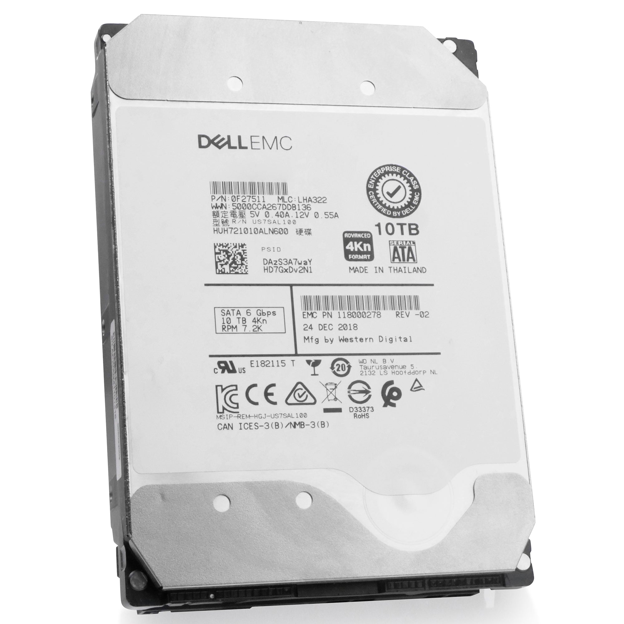 Dell/Western Digital Ultrastar DC HC510 HUH721010ALN600 0F27511 10TB 7.2K RPM SATA 6Gb/s 4Kn 3.5in Refurbished HDD