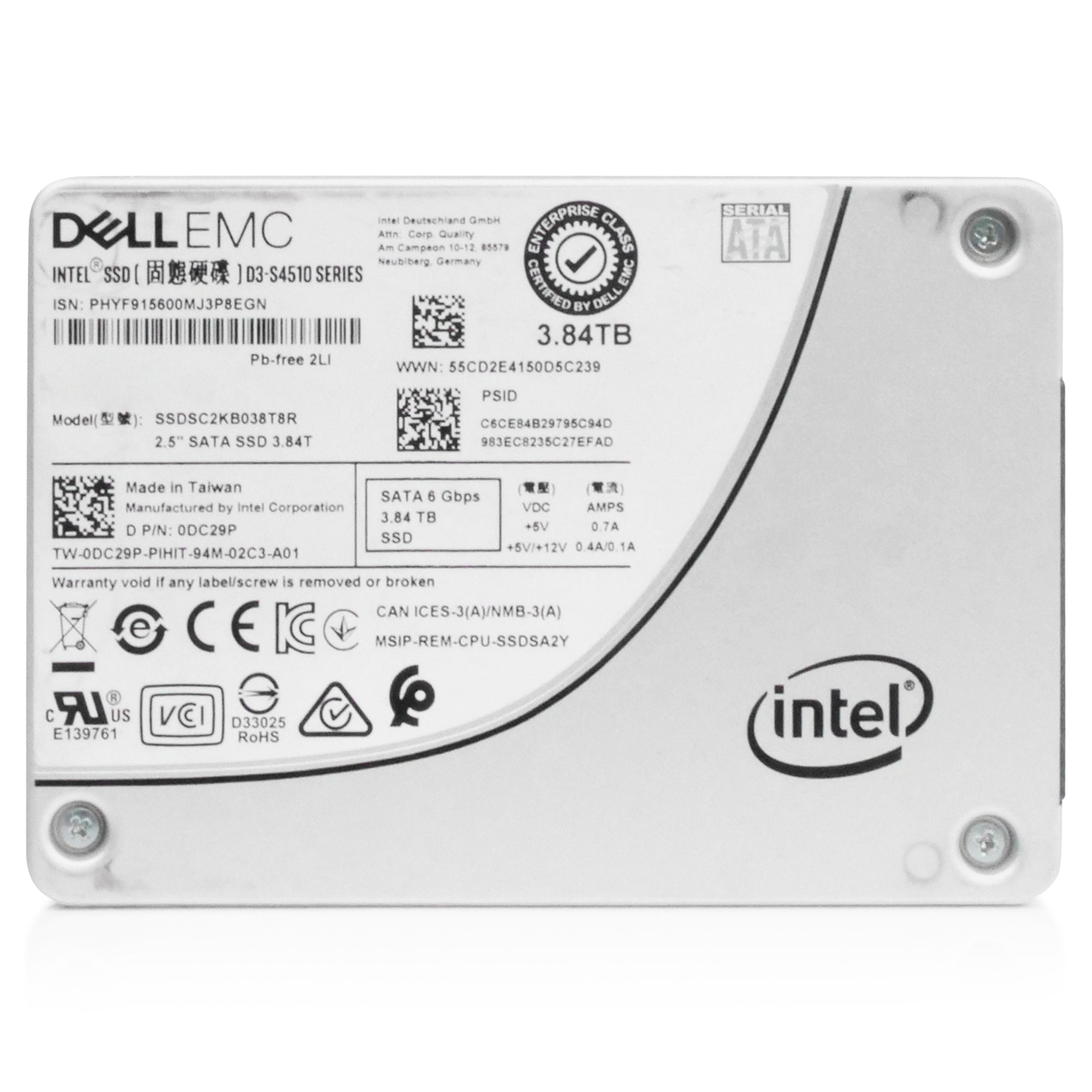 Dell/Intel D3-S4510 SSDSC2KB038T8R 3.84TB SATA 6Gb/s 3D TLC 2.5in Refurbished SSD