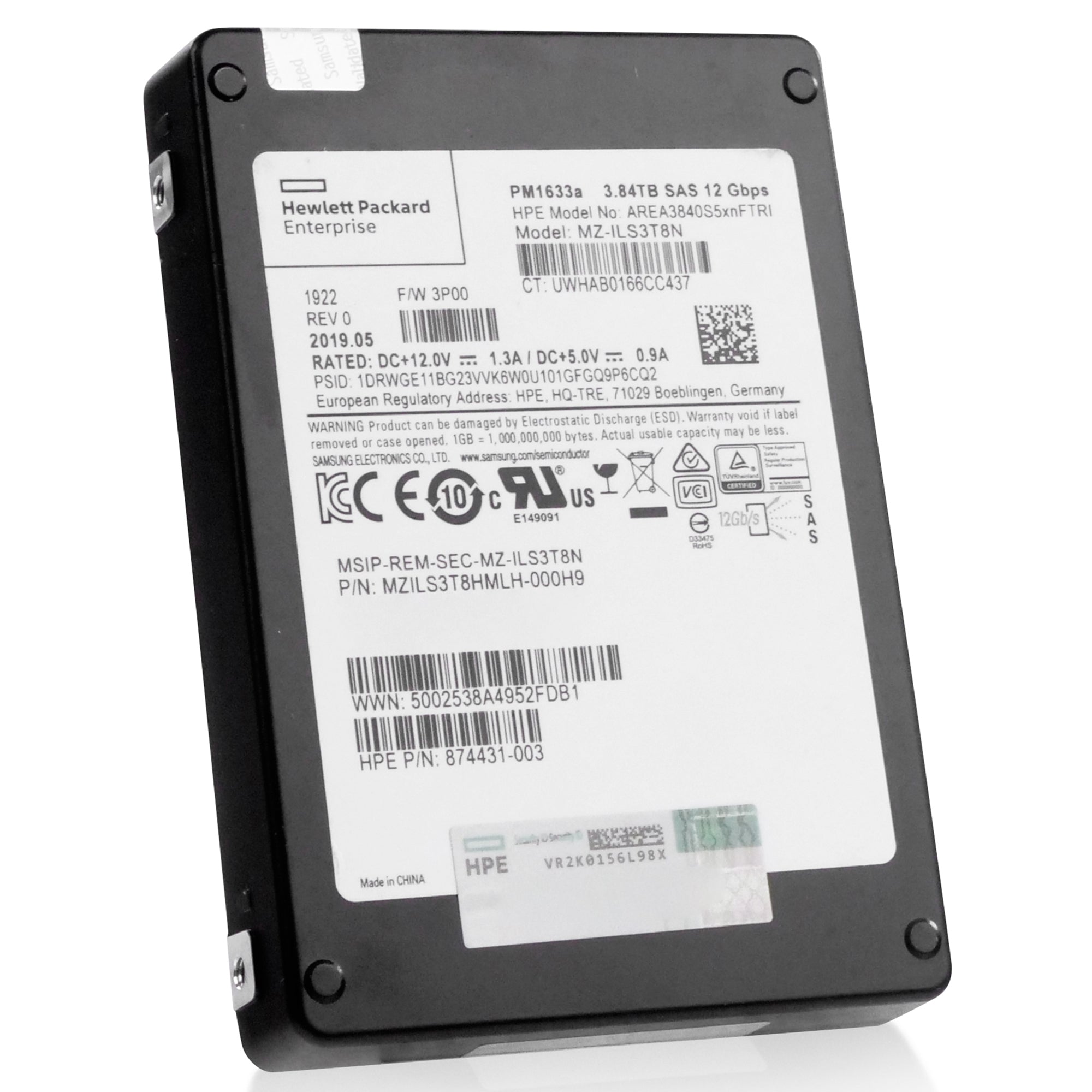 HP/Samsung PM1633a MZILS3T8HMLH 3.84TB 1 DWPD SAS 12Gb/s 3D TLC V-NAND 2.5in Refurbished SSD