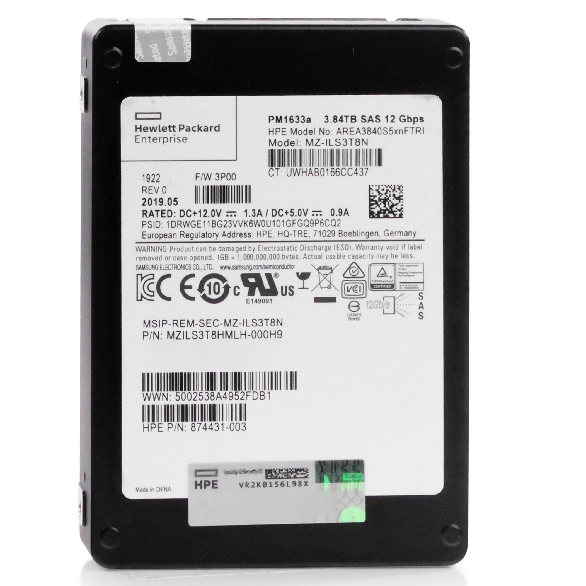 HP/Samsung PM1633a MZILS3T8HMLH 3.84TB 1 DWPD SAS 12Gb/s 3D TLC V-NAND 2.5in Refurbished SSD