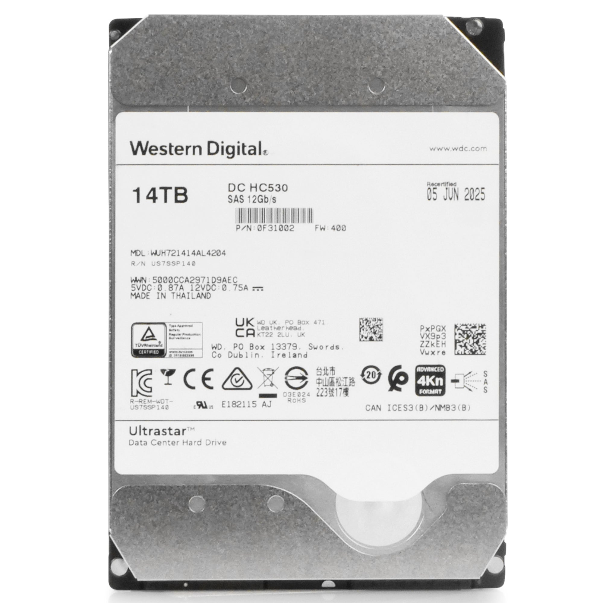 Western Digital Ultrastar DC HC530 WUH721414AL4204 0F31002 14TB 7.2K RPM SAS 12Gb/s 4kn 3.5in Recertified Hard Drive