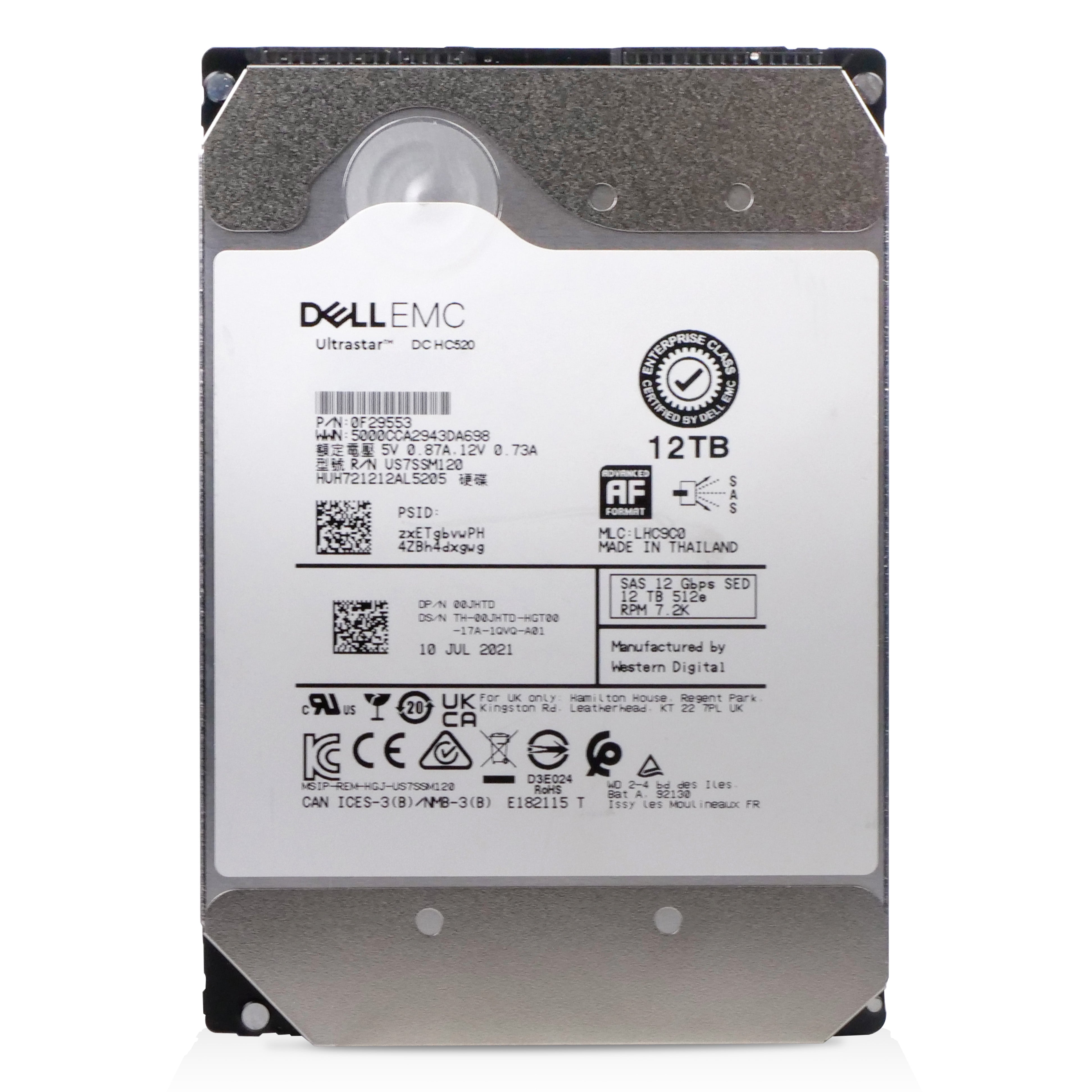 Dell/Western Digital Ultrastar DC HC520 HUH721212AL5205 0F29553 12TB 7.2K RPM SAS 12Gb/s 512e 256MB 3.5in Refurbished HDD