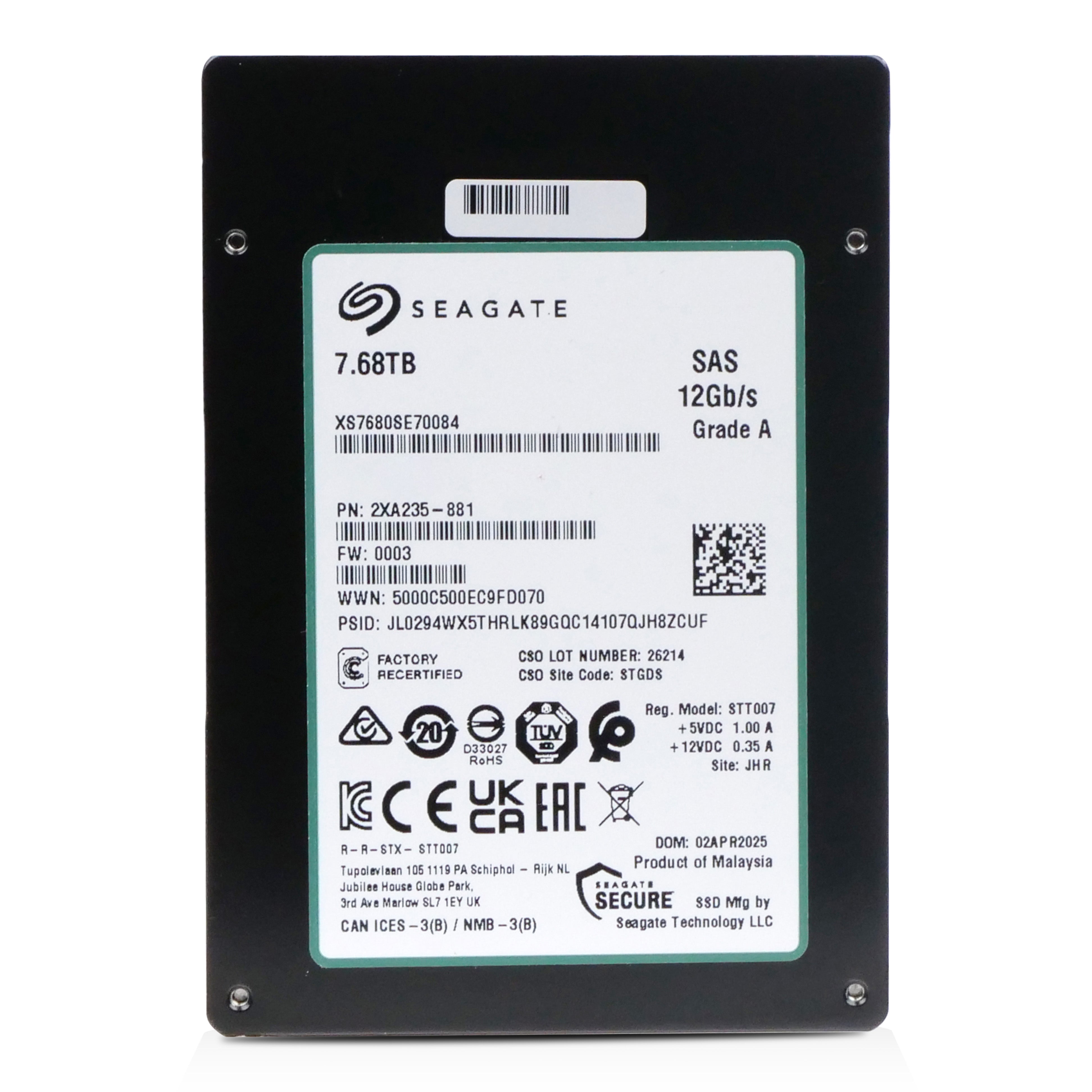 Seagate Nytro 3332 XS7680SE70084 7.68TB 1 DWPD SAS 12Gb/s 3D eTLC 2.5in Recertified SSD