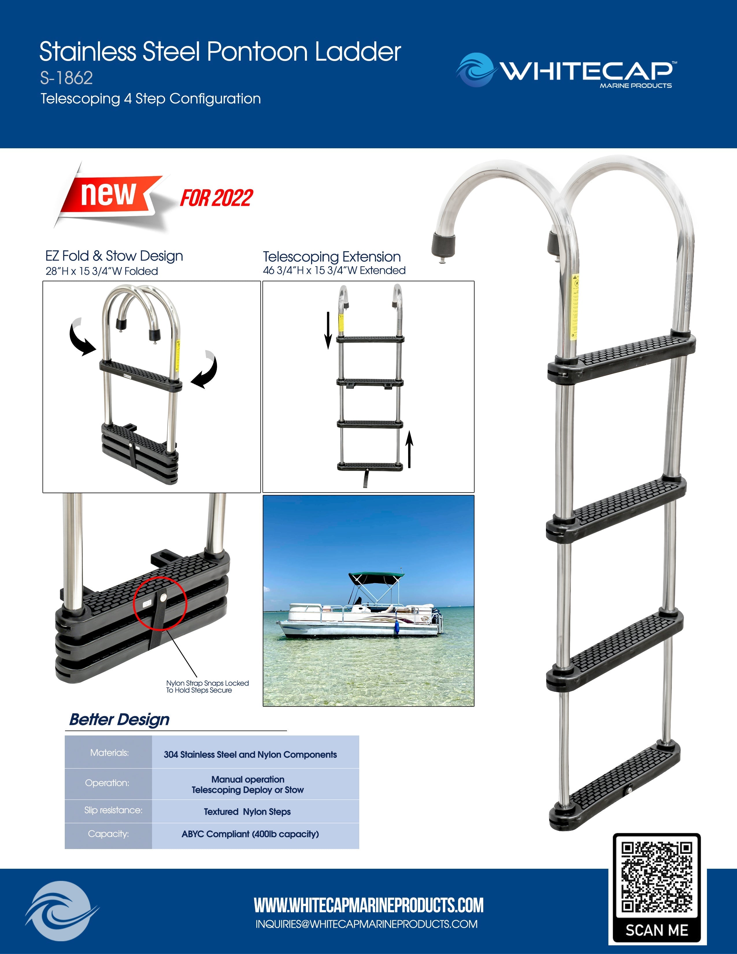 Whitecap S-1862 Stainless Steel Removable Telescoping Pontoon Ladder - 4 Step