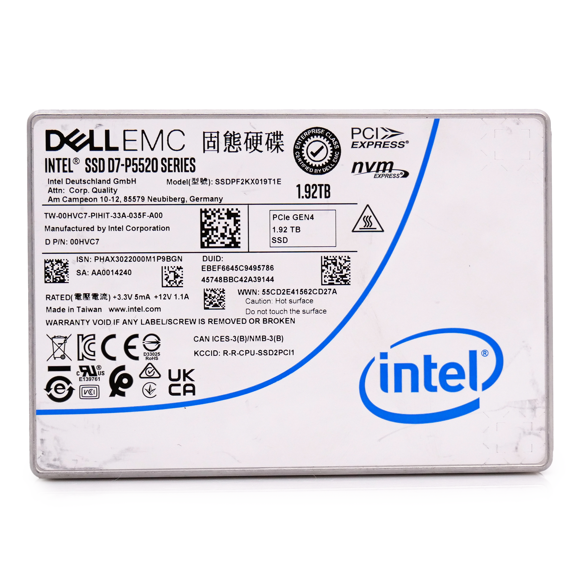 Intel/Dell P5520 SSDPF2KX019T1E 00HVC7 1.92TB 1 DWPD PCIe Gen 4.0 x4 8GB/s Mixed Use U.2 NVMe 2.5in Enterprise Solid State Drive