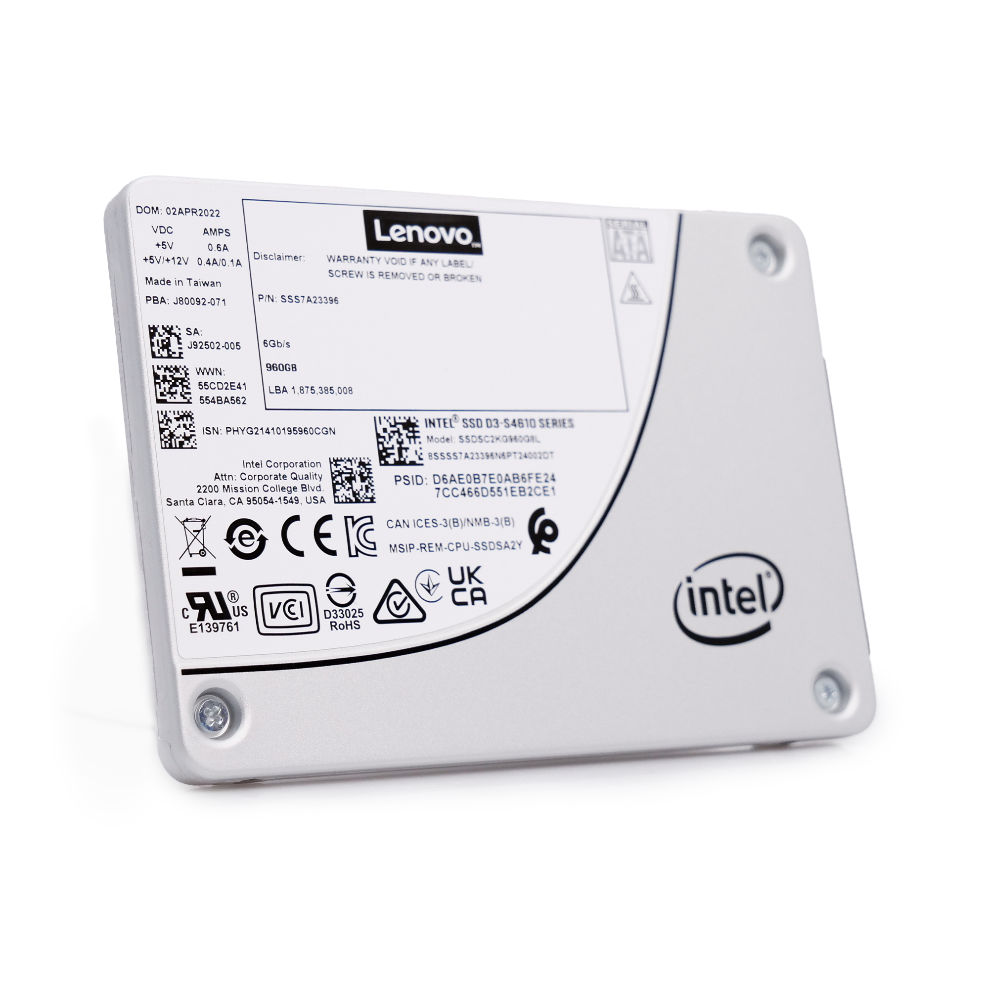 Intel/Lenovo S4610 SSDSC2KG960G8L1 960GB 3 DWPD SATA 6Gb/s 3D NAND TLC 2.5in Open Box Solid State Drive