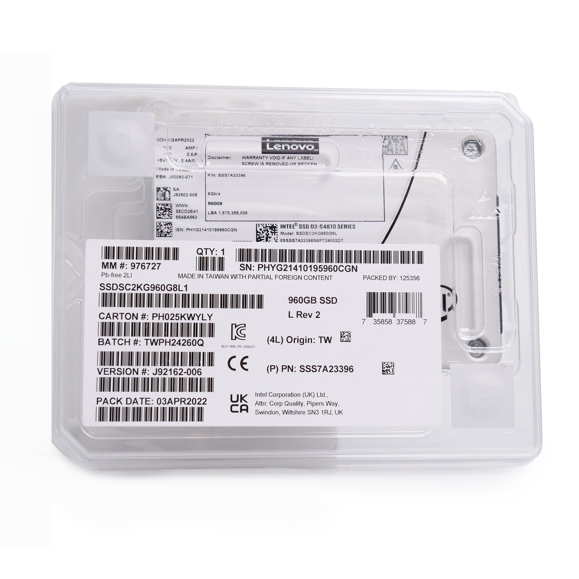 Intel/Lenovo S4610 SSDSC2KG960G8L1 960GB 3 DWPD SATA 6Gb/s 3D NAND TLC 2.5in Open Box Solid State Drive