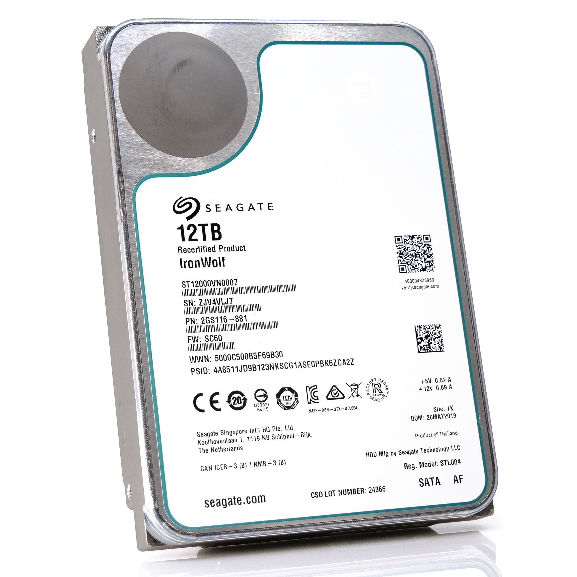 Seagate IronWolf ST12000VN0007 12TB 7.2K RPM SATA 6Gb/s 256MB 3.5" NAS Manufacturer Recertified HDD