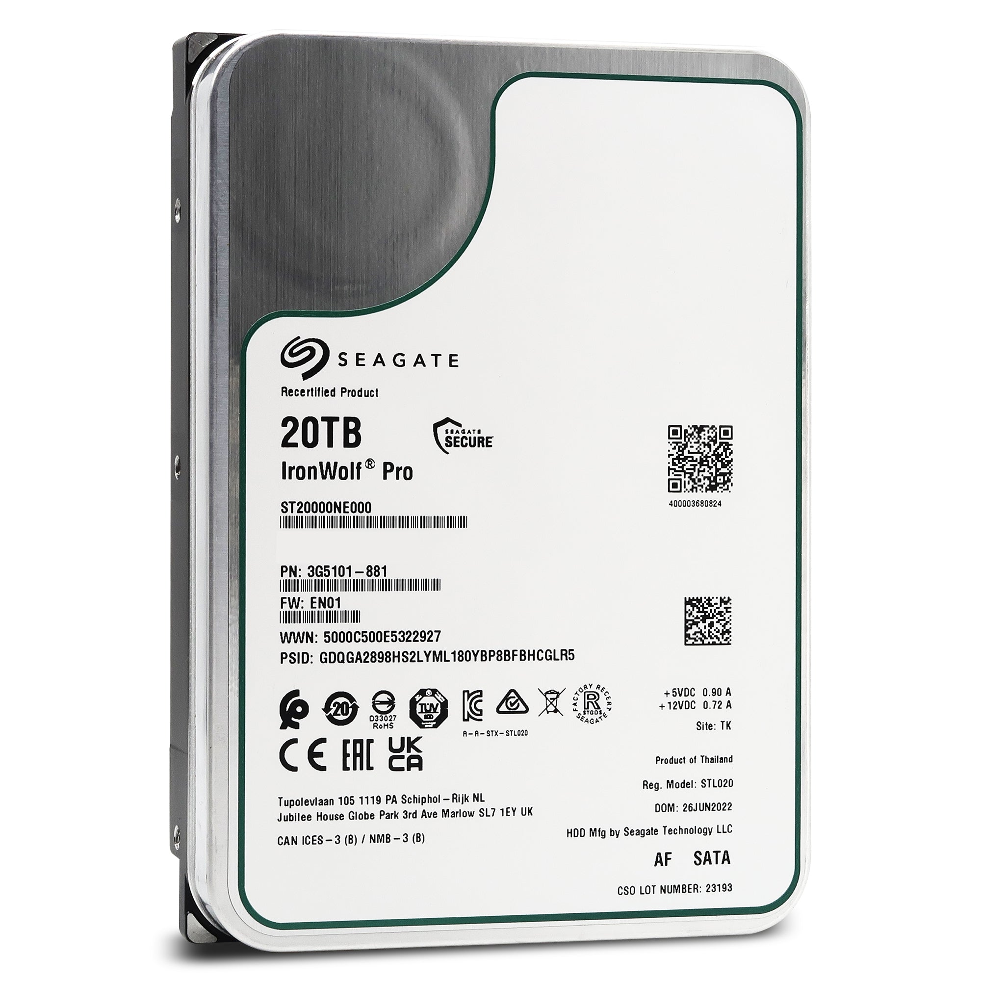Seagate IronWolf Pro ST20000NE000 20TB 7.2K RPM SATA 6Gb/s 512e 3.5in Refurbished HDD