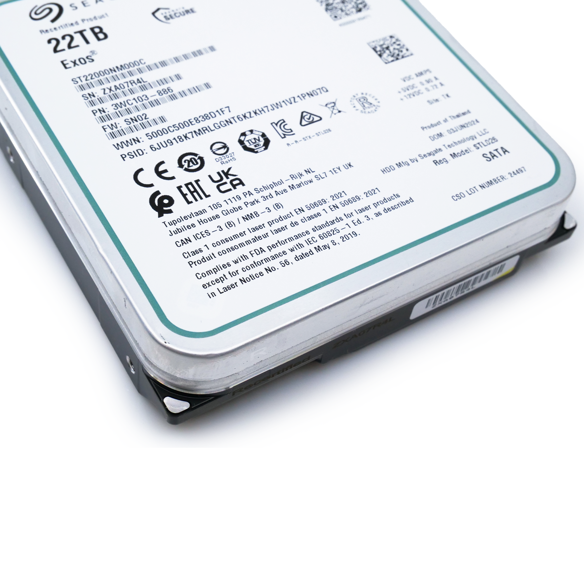 Seagate Exos ST22000NM000C 22TB 7.2K RPM SATA 6Gb/s 3.5in Recertified Hard Drive