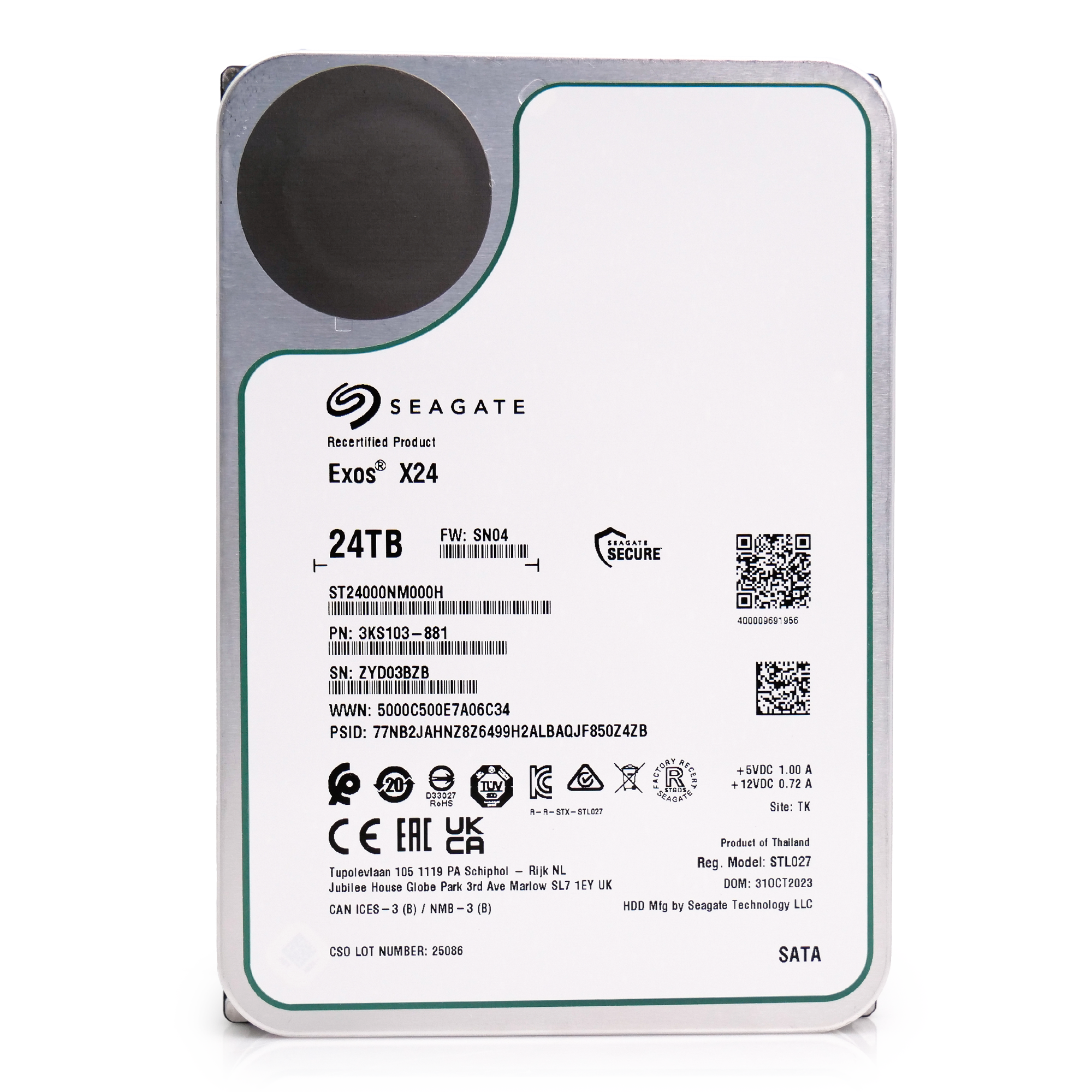 Seagate Exos X24 ST24000NM000H 24TB 7.2K RPM SATA 6Gb/s 512e CMR 3.5in Recertified Hard Drive