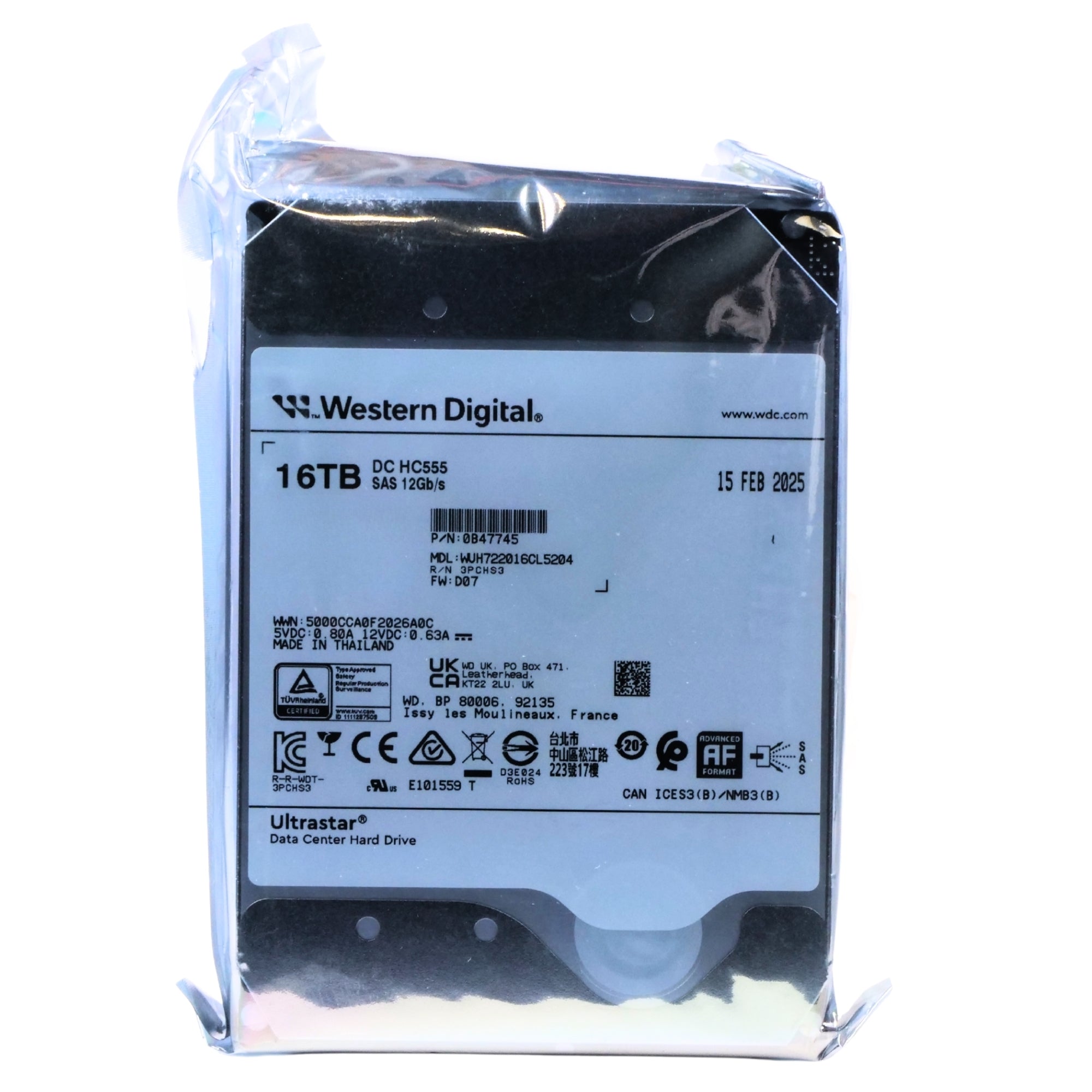 WD Ultrastar DC HC555 WUH722016CL5204 0B47745 16TB 7.2K RPM SAS 12Gb/s 512e 512MB 3.5in HDD