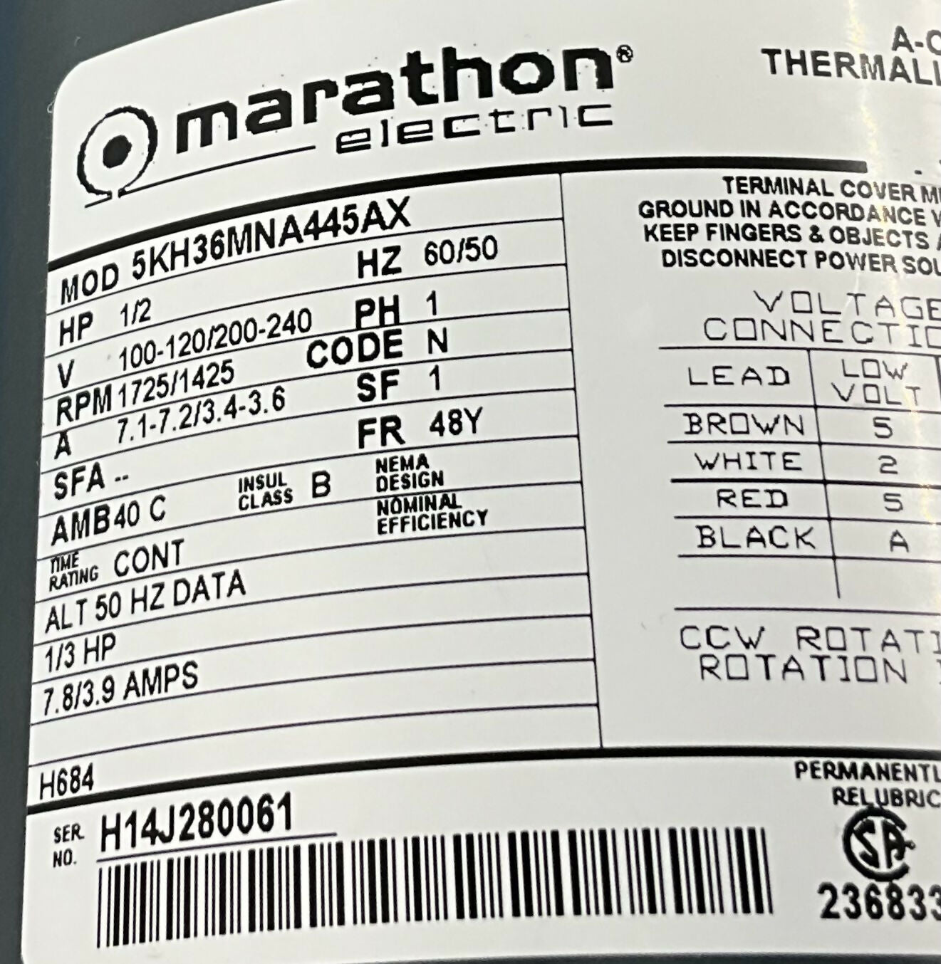 A-C MOTOR THERMALLY PROTECTED (5KH36MNA445AX PHILIPS
