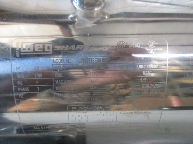 NORD SK 9022.1AFBHN180TC- WITH WEG SHARG 3.0 hp STAINLESS MOTOR206-230/460V 8.68-7.85/3.92A NSNP