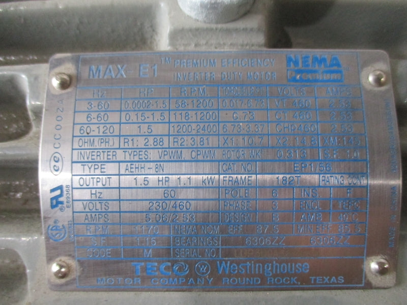WESTINGHOUSE TECO MAX-E1 PREMIUM EFFICIENCY INVERTER DUTY MOTOR 1.5HP 230/460V 5.06/2.53A NSNP