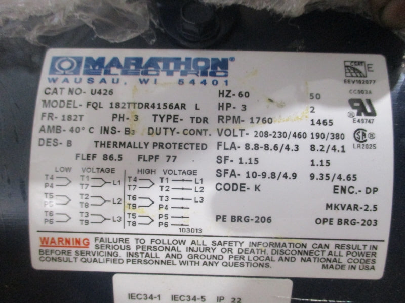 MARATHON ELECTRIC FQL182TTDR4156ARL U426 208-230/460V 8.8-8.6/4.3A NSMP