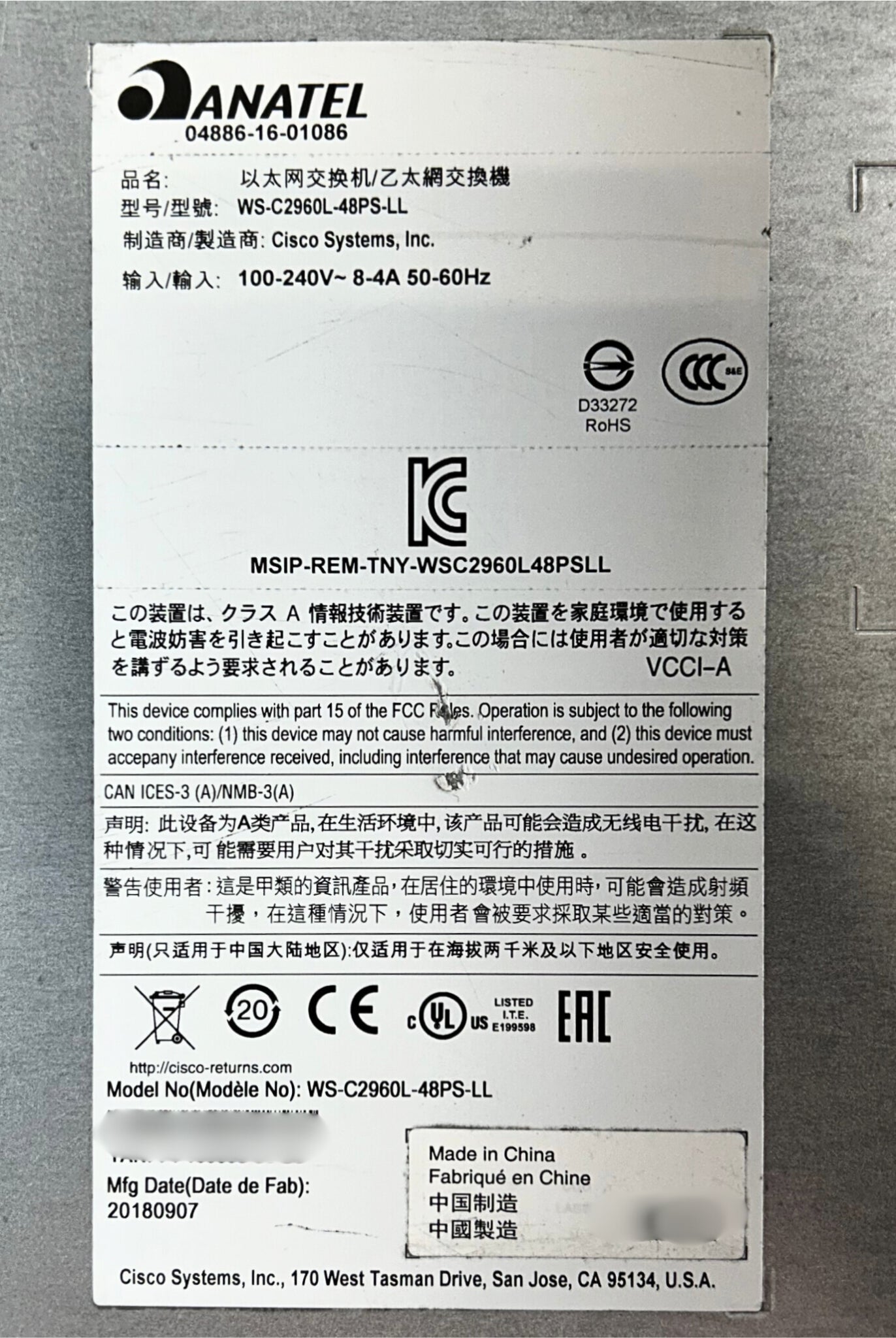 Cisco WS-C2960L-48PS-LL CATALYST 2960L 48 PORT GIGE w/POE