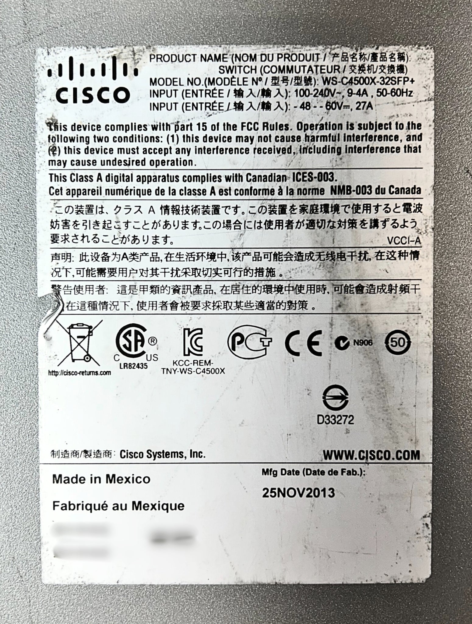 Cisco WS-C4500X-32SFP+ CAT4500-X 32-Port 10GE IP Base