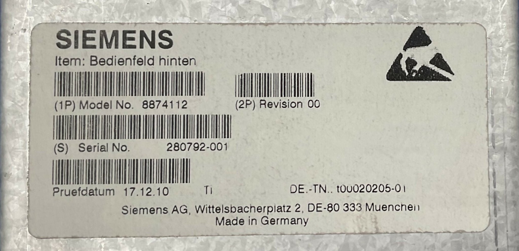 CONTROL PANEL BACK FACELIFT (08874112/8874112 SIEMENS