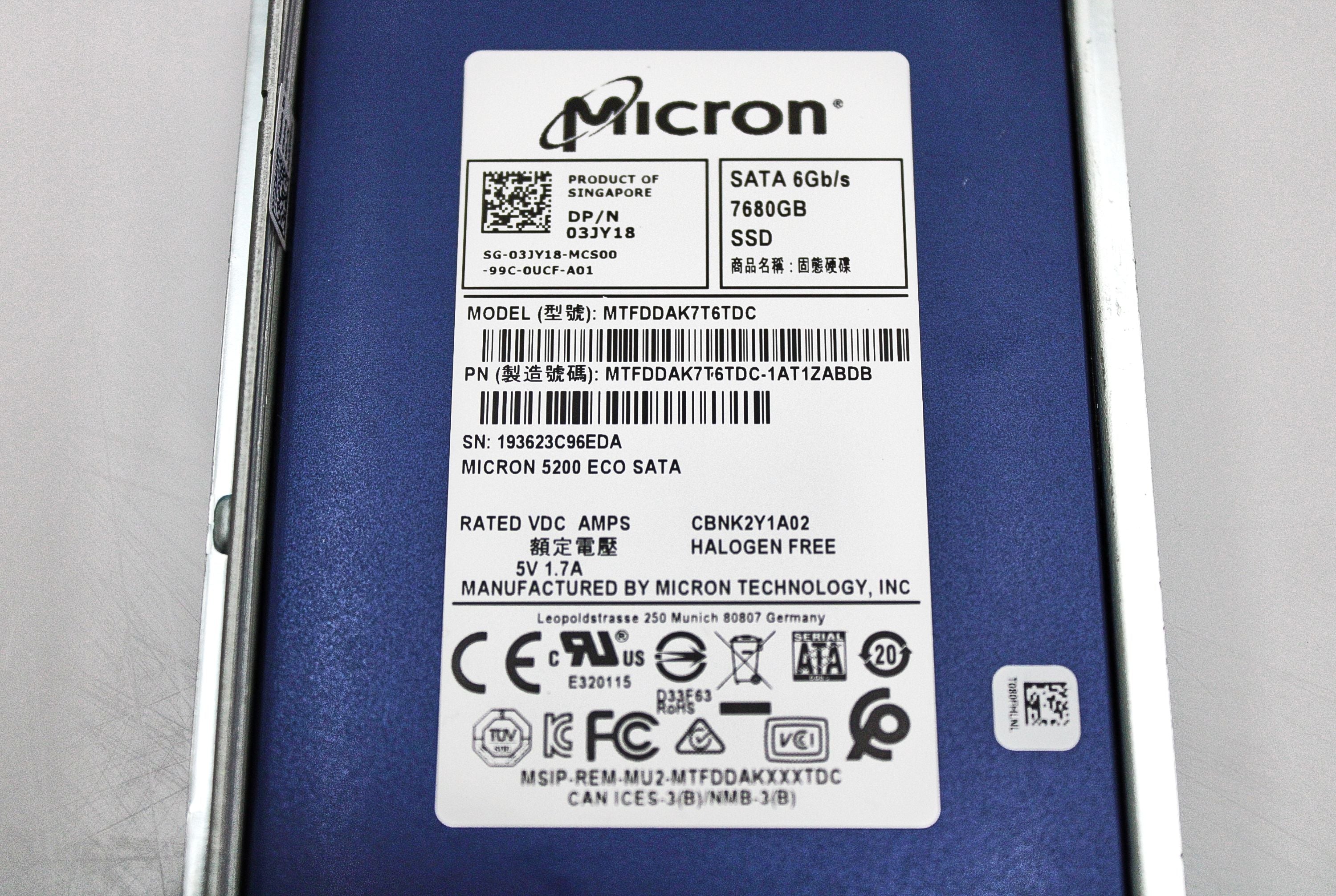 Dell 3JY18 7.68TB SSD SATA 2.5 6G MICRON 5200 MTFDDAK7T6TDC-1AT1ZABYY