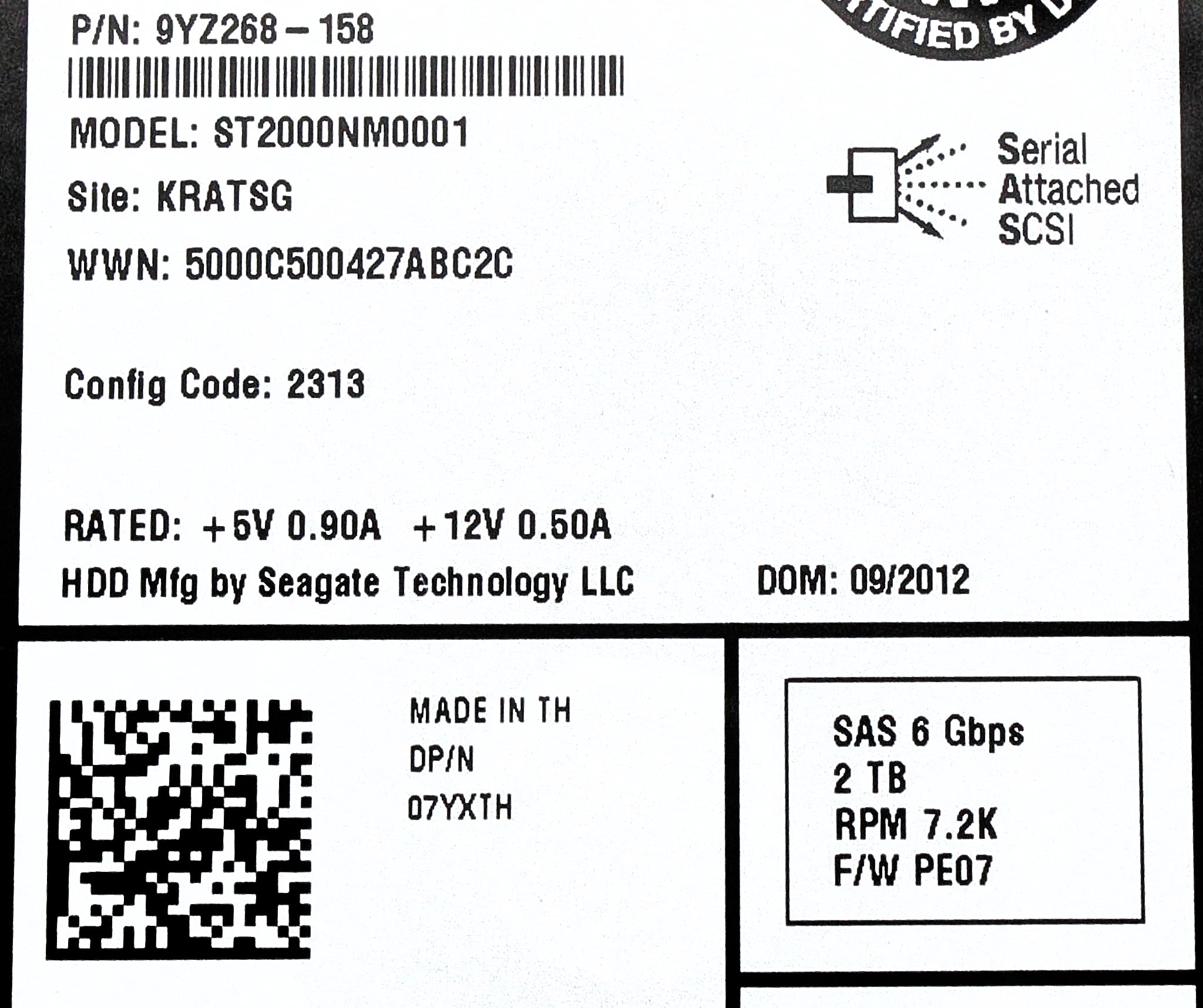 Dell 7YXTH-EQL 2TB 7.2K SAS 3.5 6G EP+ ST2000NM0001 / 9YZ268-158