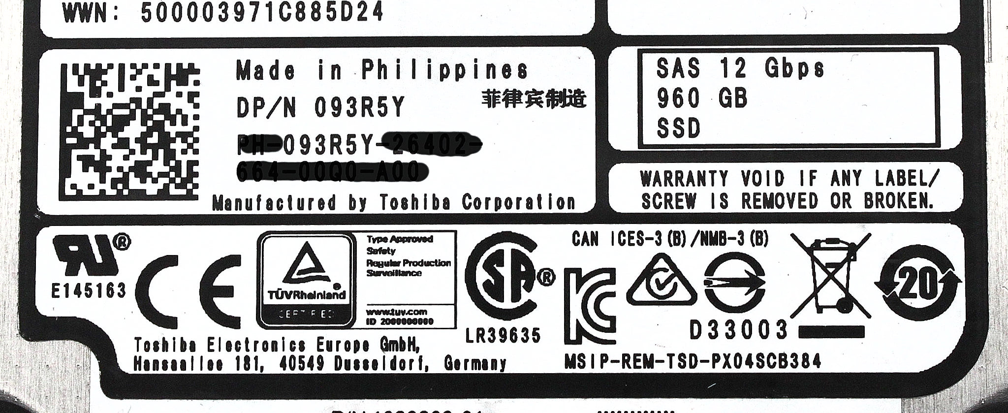 Dell 93R5Y-CML 960GB SSD SAS 2.5 12G EP+ PX04SRB096 / SDFAG02DUA01