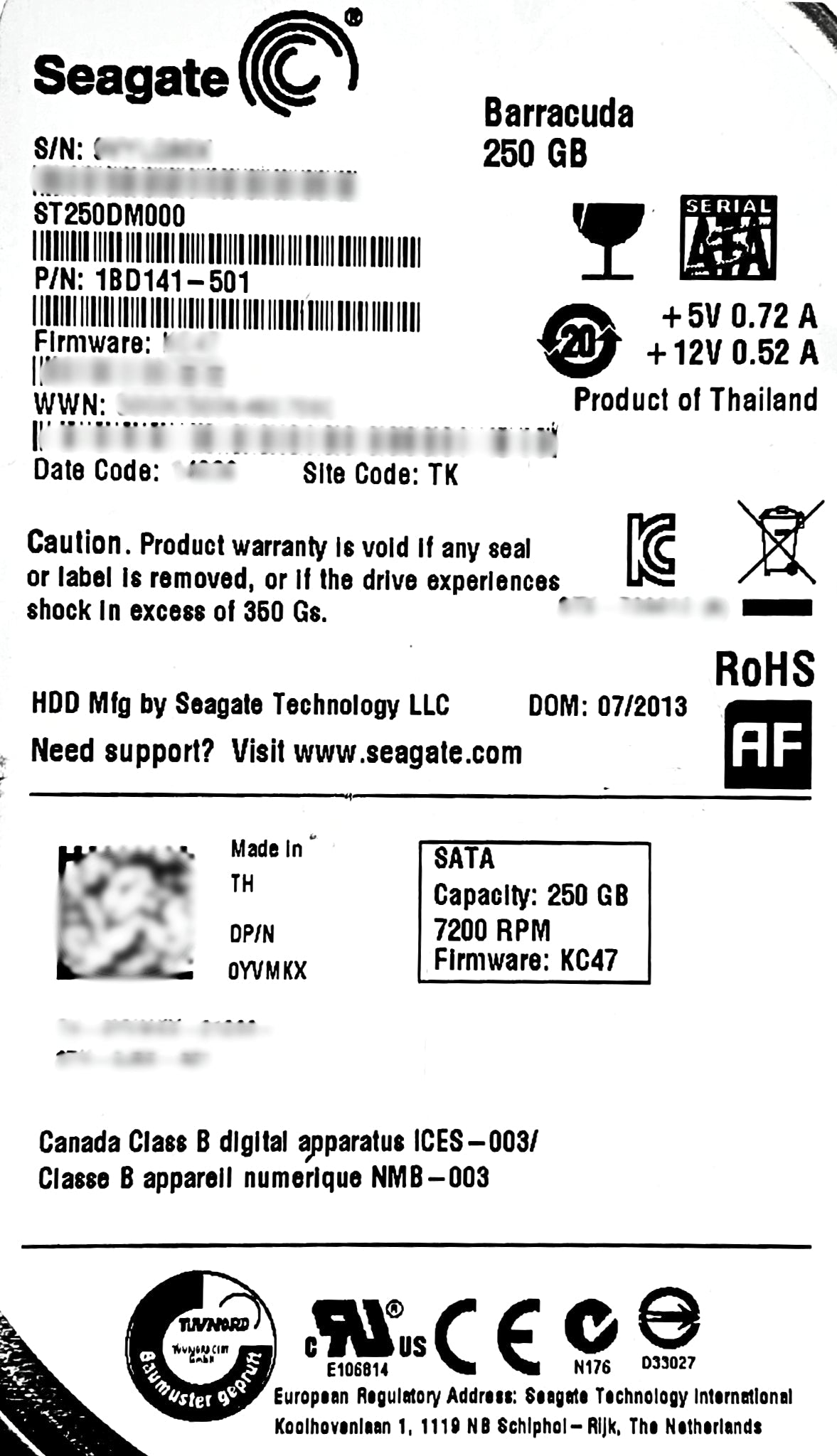 Dell YVMKX 250GB 7.2K SATA 3.5 6G 512E NCQ ST250DM000 1BD141-501