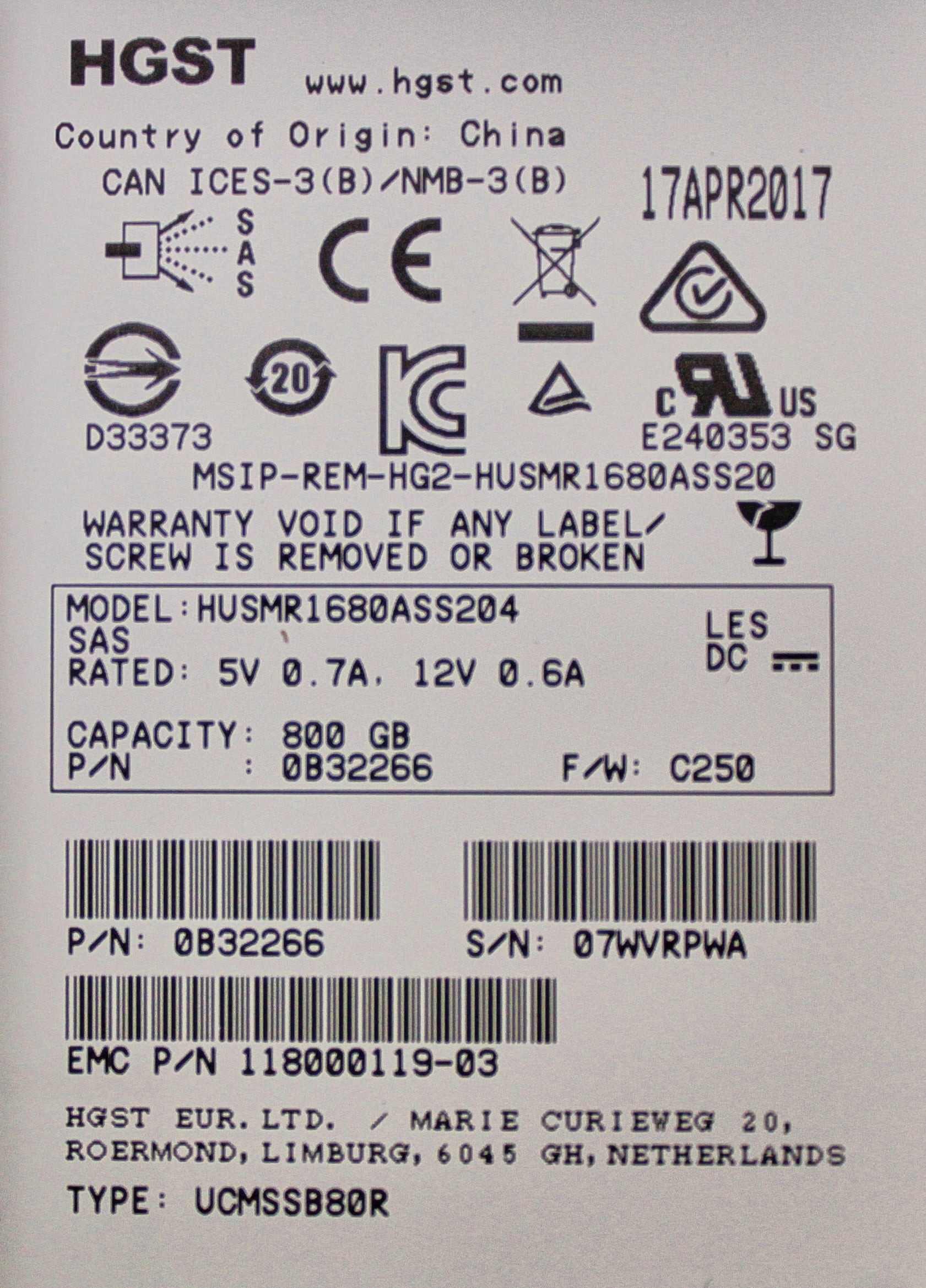 EMC 005051567 800GB SSD 2.5 12G HYBRID DATADOMAIN DD6800