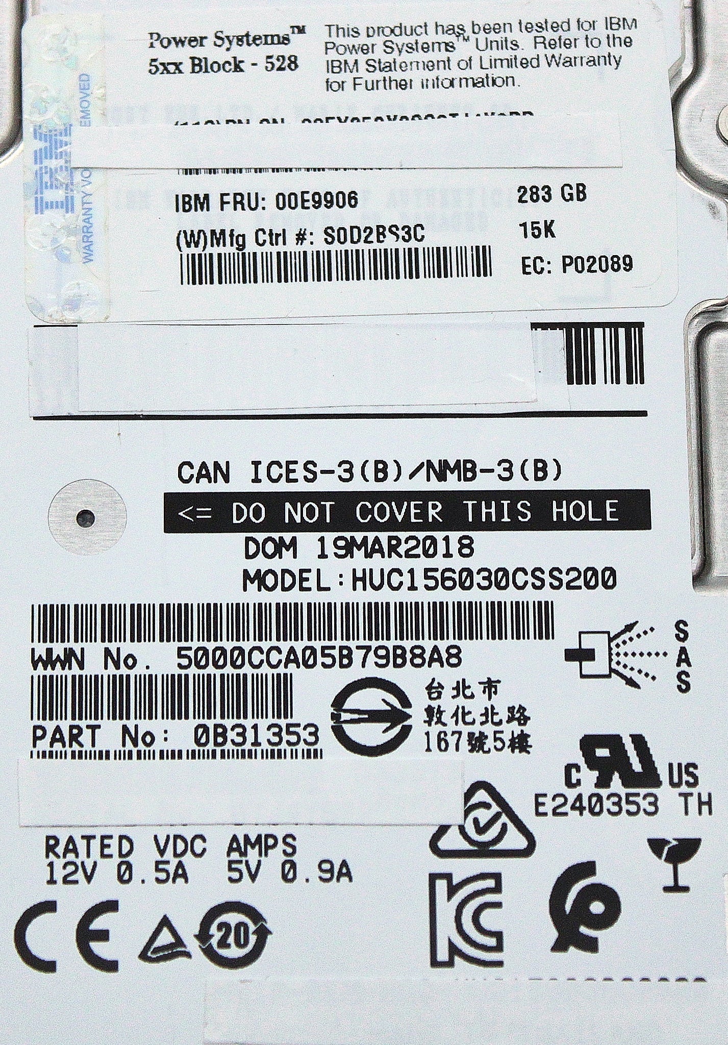 IBM 00E9906 283GB 15K 4K SFF3 SAS