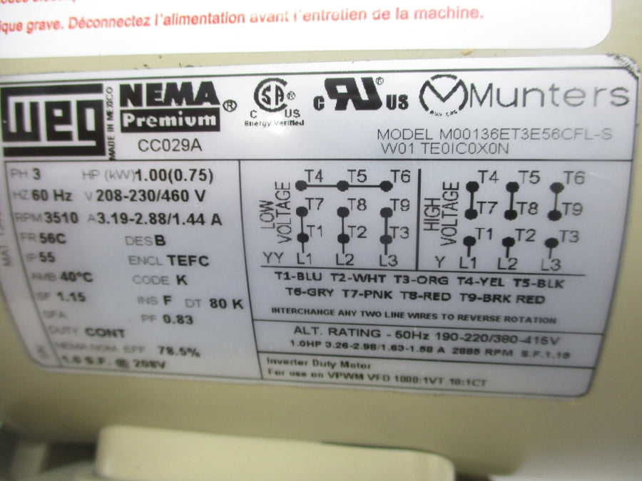 WEG M00136ET3E56CFL-S 208-230/460V 3.19-2.88/1.44A NSNP