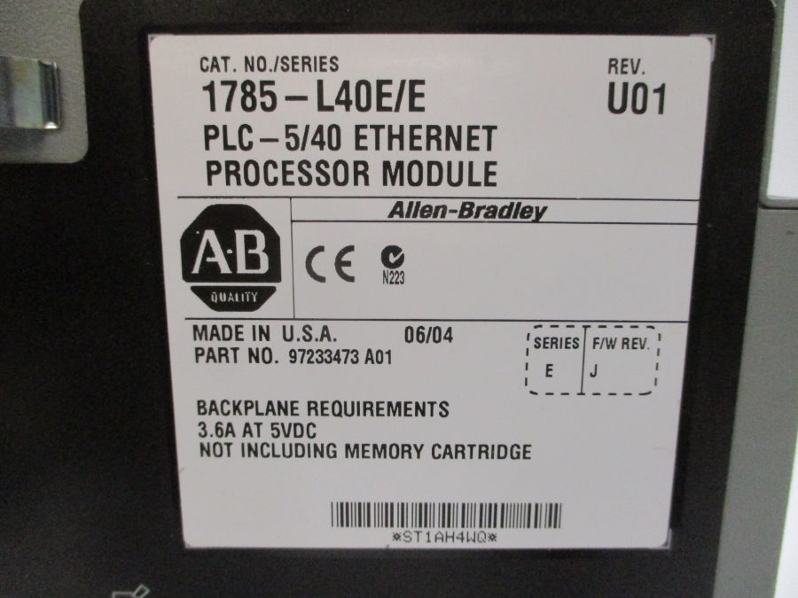 ALLEN BRADLEY 1785-L40E SER. E F/W J 5VDC 3.6A REV. U01 UNMP