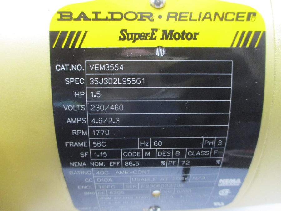 BALDOR VEM3554 35J302L955G1 15Q05L56 230/460V 4.6/2.3A NSNP