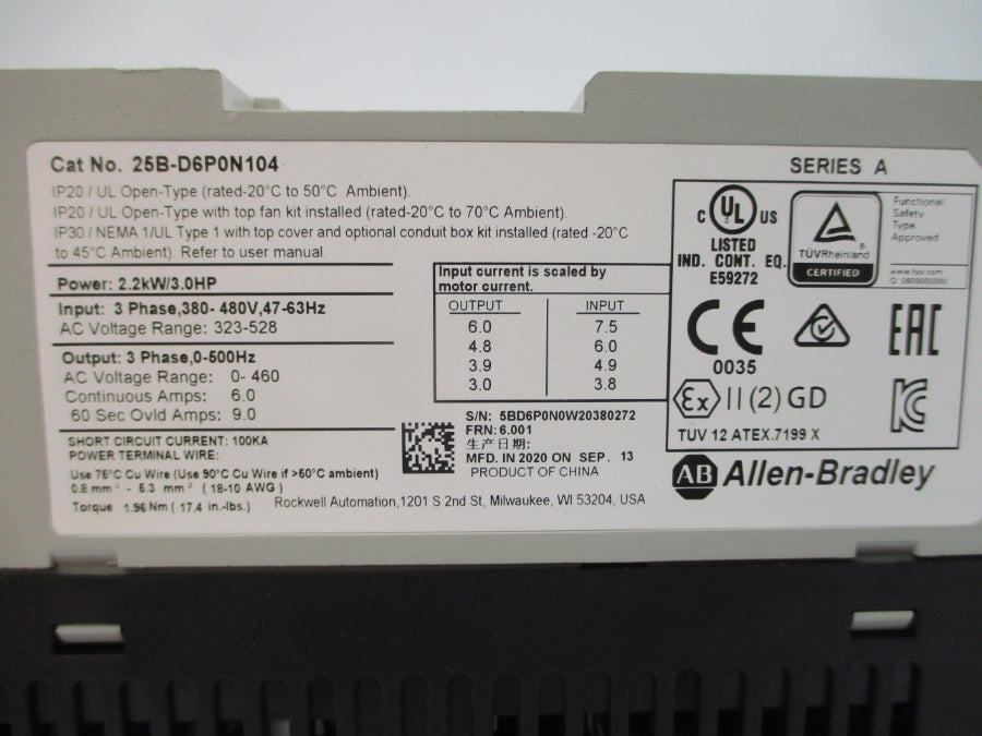 ALLEN BRADLEY 25B-D6P0N104 SER. A F/W 6.001 323-528VAC 6.0A NSNP