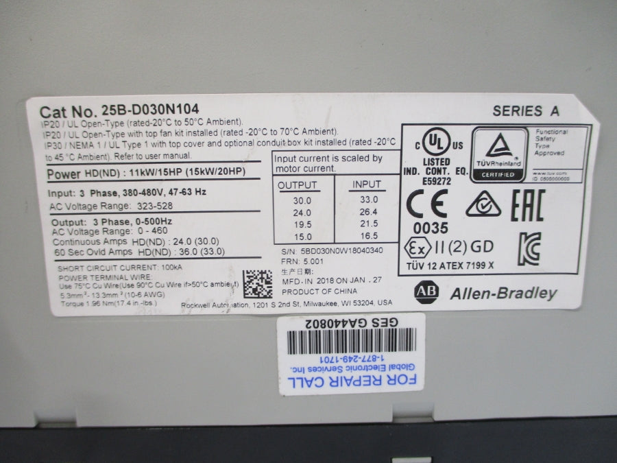 ALLEN BRADLEY 25B-D030N104 SER. A F/W 5.001 380-480VAC 24.0A NSNP