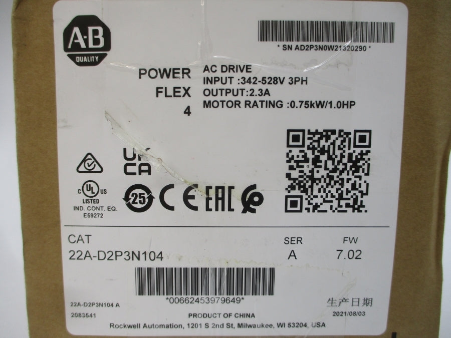 ALLEN BRADLEY 22A-D2P3N104 SER. A F/W 7.02 342-528VAC 2.3A NSMP