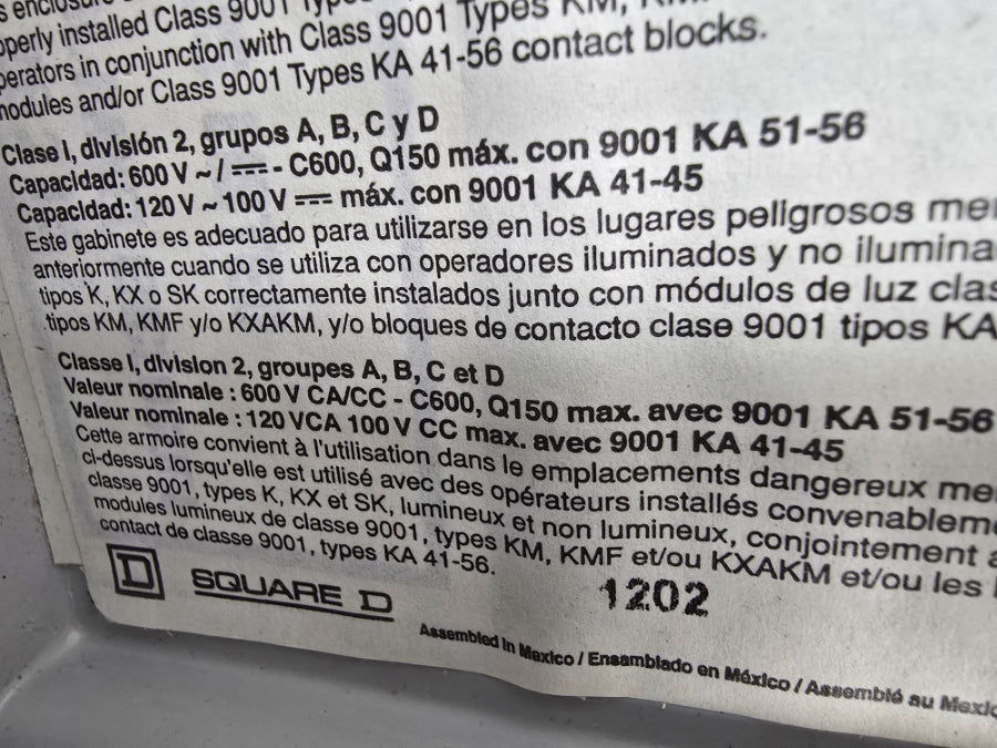 SQUARE D 9001SKY201 SER. E 600VAC/DC NSNP